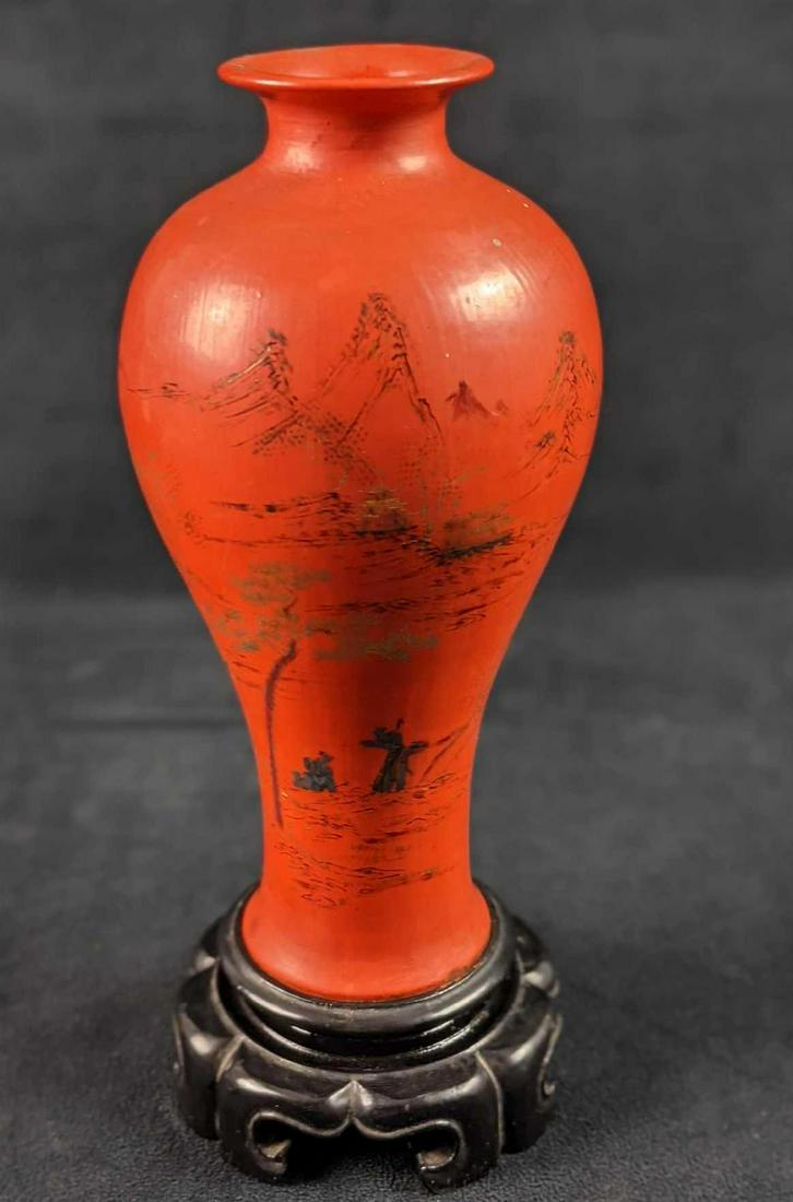 Asian Orange Lacquer Vase On Stand (1 of 7)