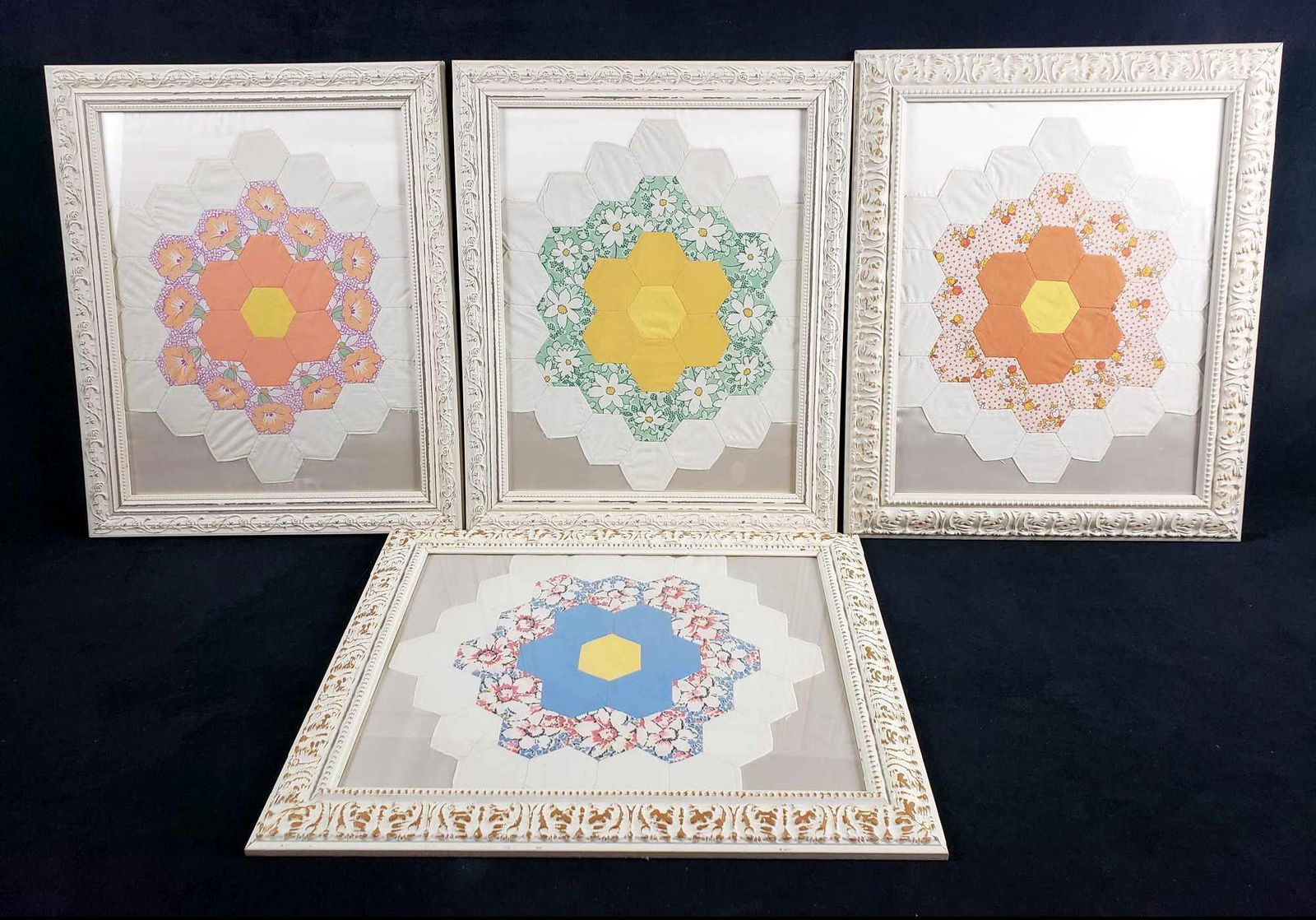 Set of 4 Framed Handmade Hexagon Quilted Artworks (1 of 8)
