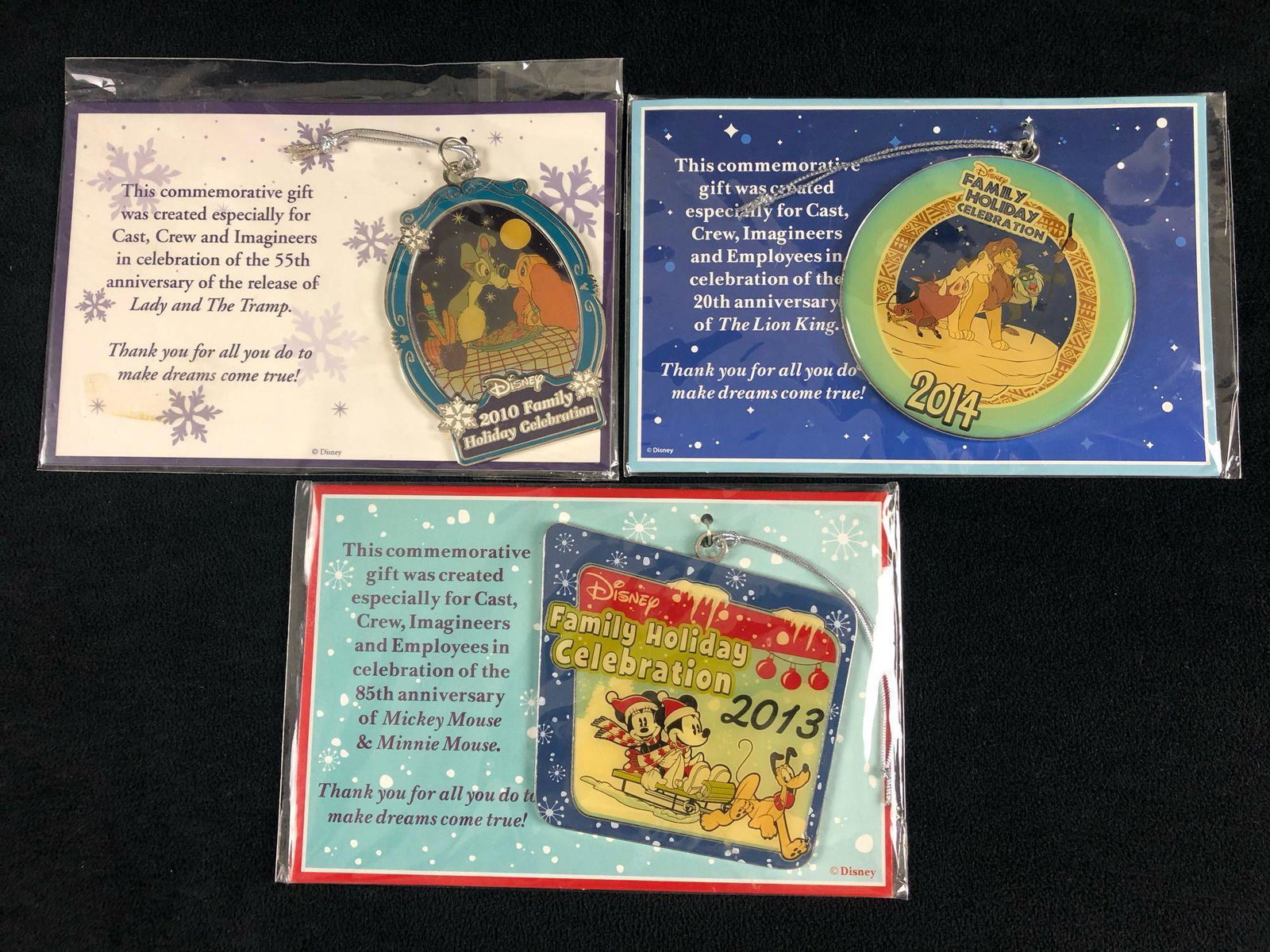 Disney's Official Cast & Crew 2010,2011,2013 Holiday: Disney's Official Cast & Crew 2010 2011 2013 Holiday Party Ornaments .These ornaments are all new and sealed.