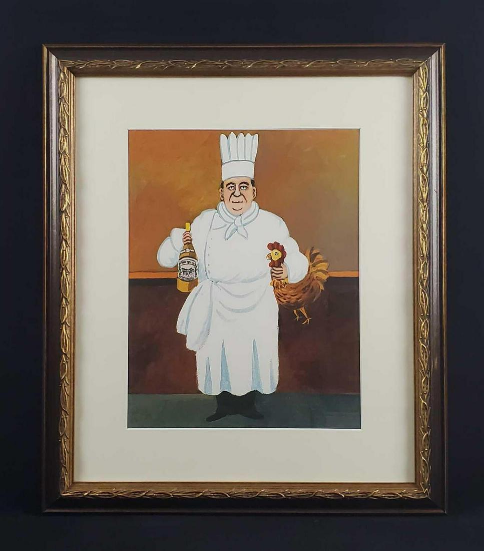 Guy Buffet Italian Chef Wine and Rooster AP: The exact title of this piece is unknown and is by well known artist Guy Buffet. It depicts an Italian Chef with white wine in one hand and a rooster in the other. It is an artist proof lithograph num