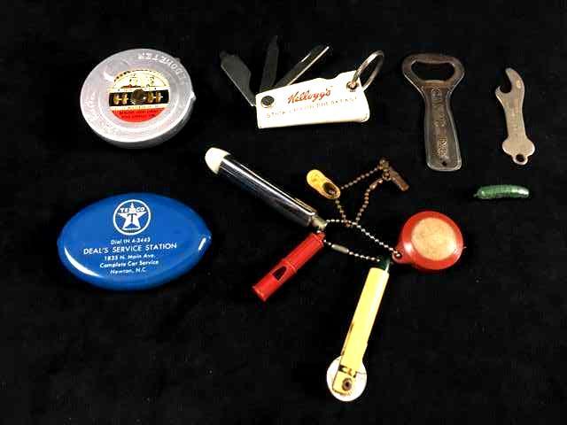 Collection of Vintage Advertising Premiums, Circa 1950s: Collection of Vintage Advertising Premiums, Circa 1950's to 1970's, 12 Pieces; lot includes, 1) Sgt. Preston of the Yukon pedometer, untested but appears to work, measures 2 1/2" dia, 2) Liter folding