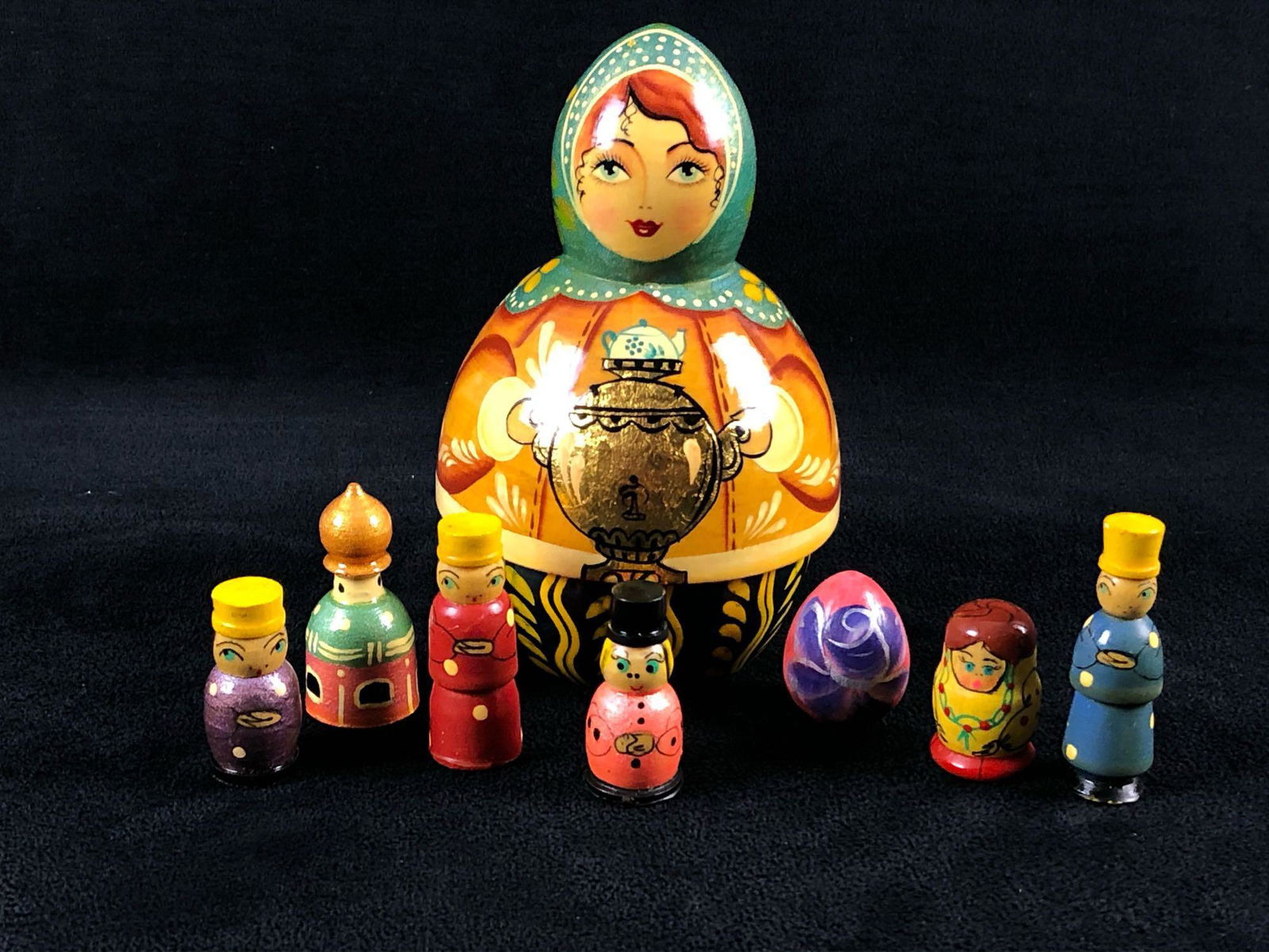 Vintage Hand Painted Very Unique Russian Matryoshka: This very detailed set of 5" 8pc nesting dolls are in Mint condition with no issues or missing pieces. Signed by the artist underneath. Please see all our pictures they are part of our description