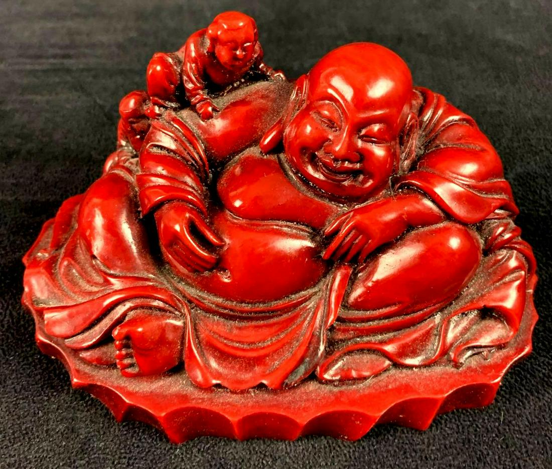 Statue Cinnabar/Redstone Laughing Sitting Buddha With 2 (1 of 4)