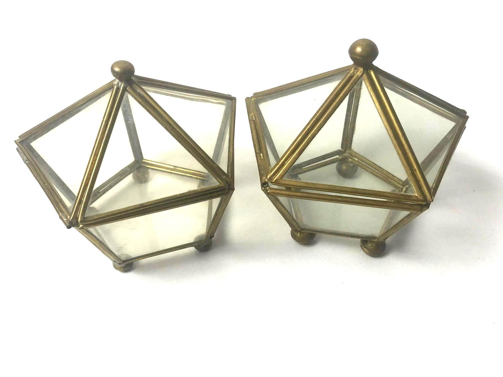 Vintage Pair Brass Glass Pentagon Curio Trinket Footed (1 of 4)