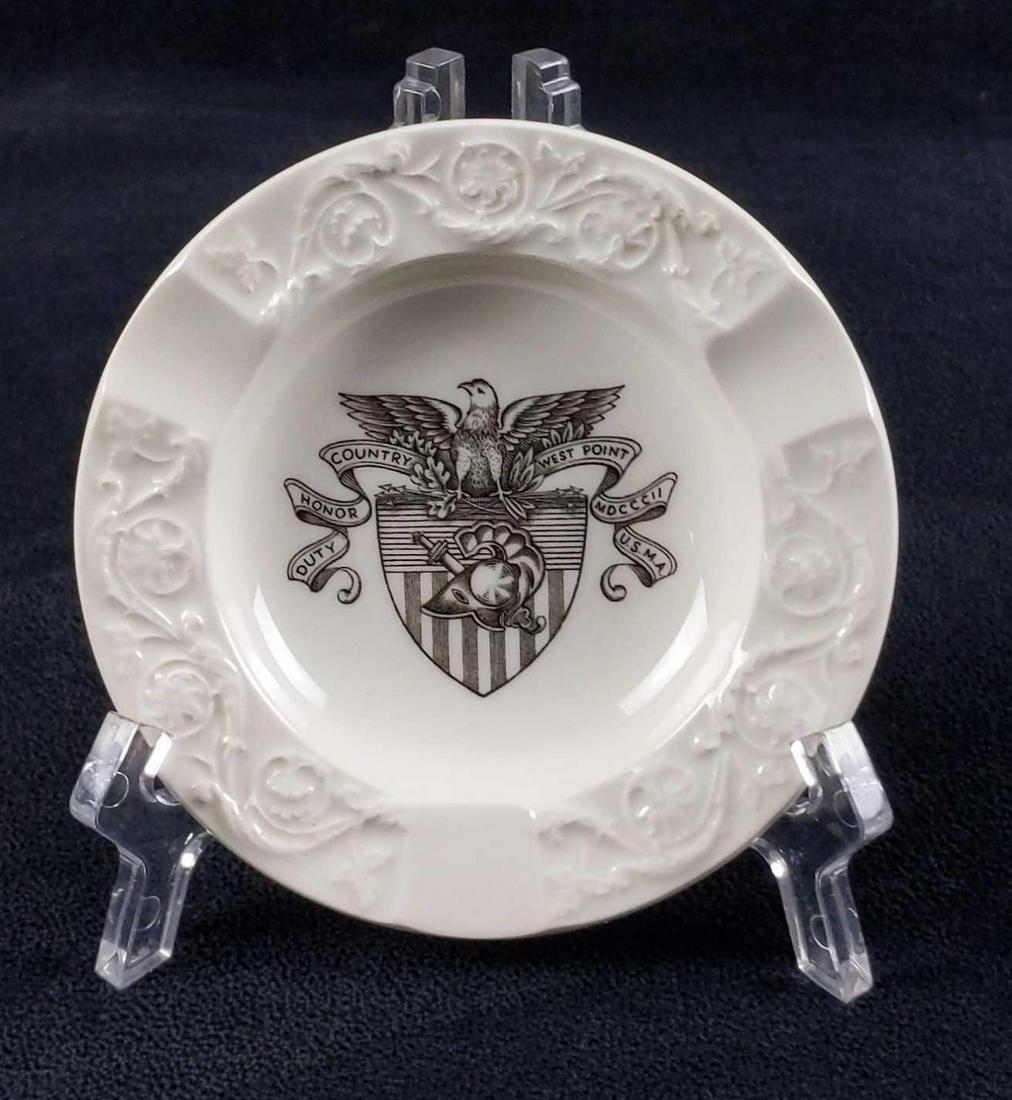 Vintage 60s Americana Wedgewood West Point Ashtray: Wedgwood vintage white ashtray with American Eagle and Flag with the words: "Country, Honor & Duty" "West Point MDCCCII U.S.M.A". Ashtray is approx 4 1/2"x 4 1/2" x 1". The ashtray is in good, vintage