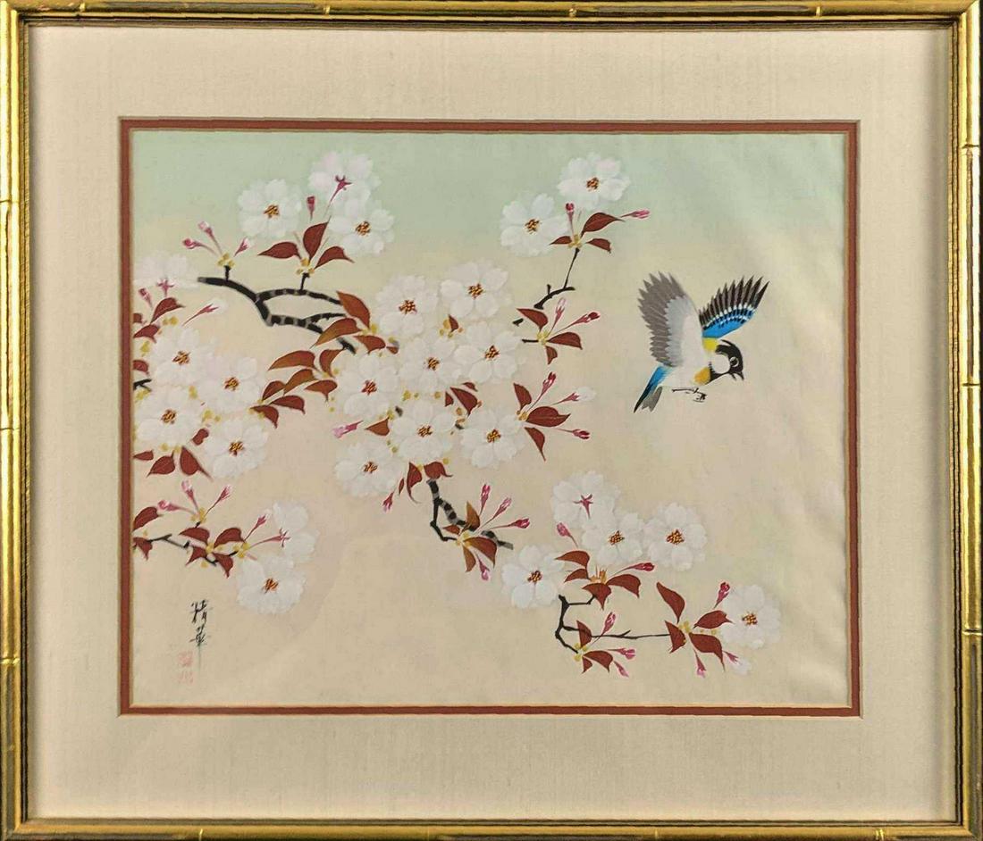 Bird And Flowers Original Silk Fabric Painting A (1 of 5)