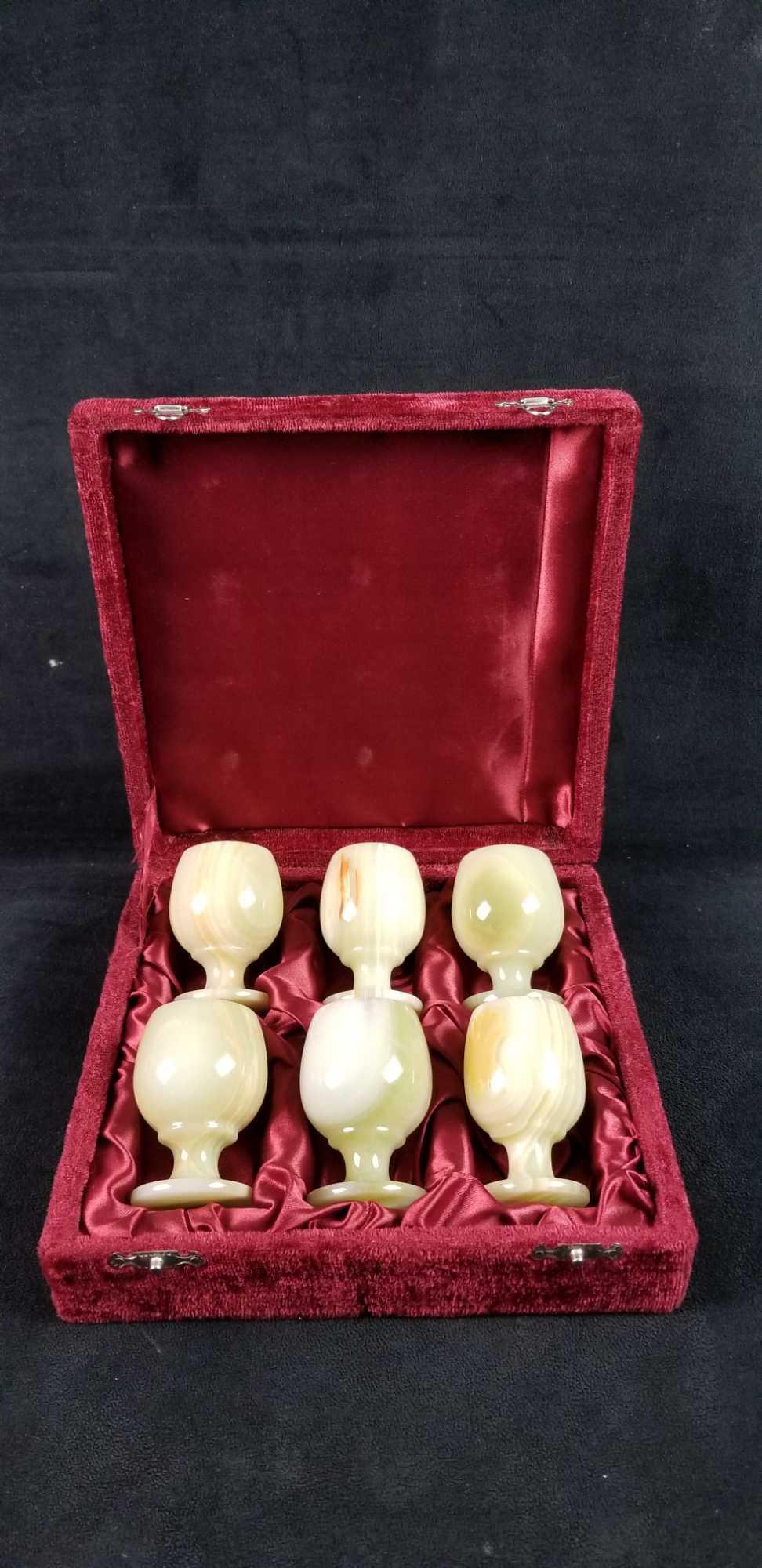 Set of 6 Agate Stone Sherry Cordial Goblets: Set of 6 green and brown stone sherry glasses. Comes in red velvet case. Maker and date is unknown. Case is in used condition, Glasses are in good vintage condition. No known chips, cracks, or breaks 