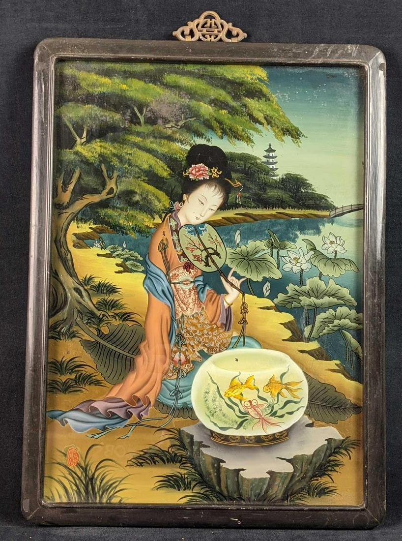 Vintage Chinese Reverse Painting On Glass Lady With (1 of 5)
