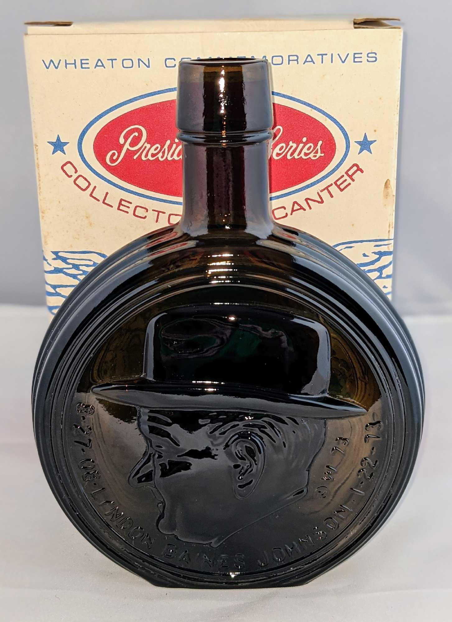 Vintage Lyndon B Johnson Collectors Decanter By Wheaton: Lyndon B. Johnson Collectors Decanter By Wheaton Glass With The Original Box. 1st Editon. Along with the decanter, it comes with an information booklet. Released in 1973. The decanter is approx 6" x 2