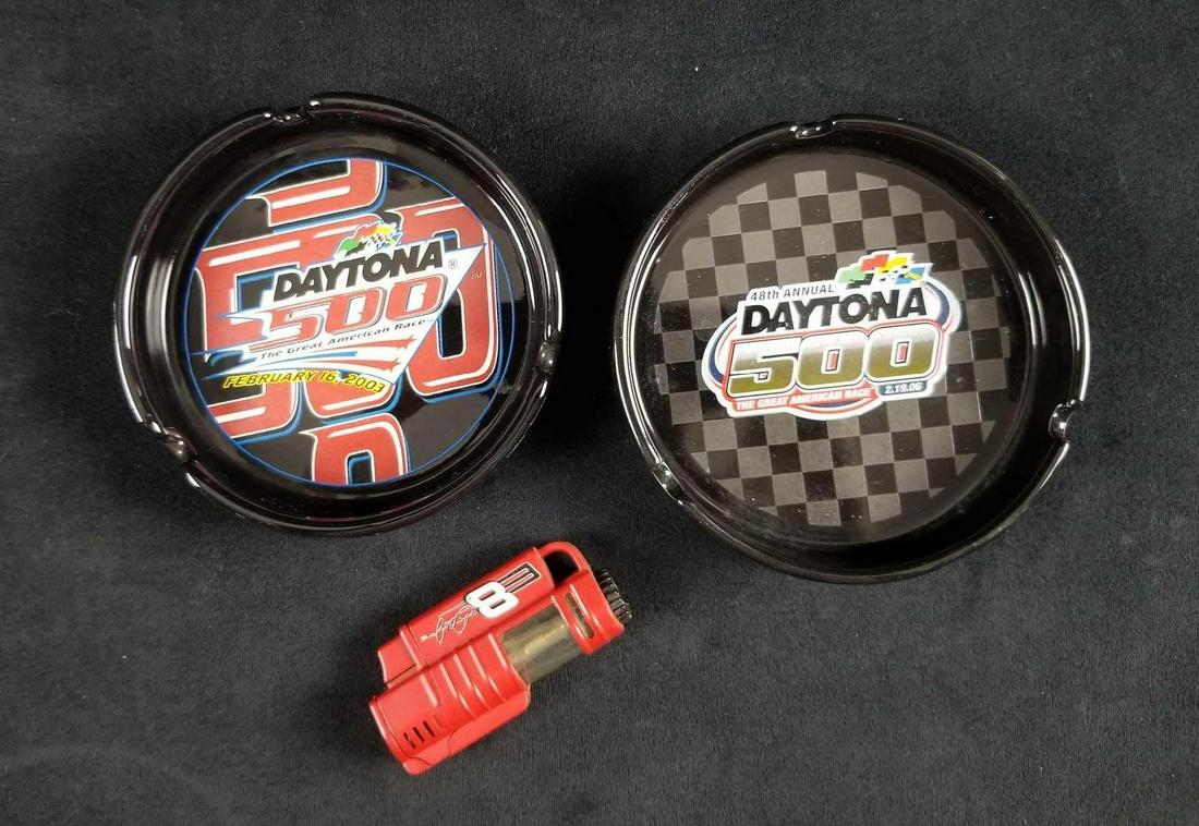 NASCAR Daytona 500 Ashtrays and Dale JR Lightter: These set of NASCAR ashtrays and Dale Jr. Fluid Lighter are in good used condition. There is a small scuff marking on one the ashtrays but other than that there are no known damages such as cracks or 