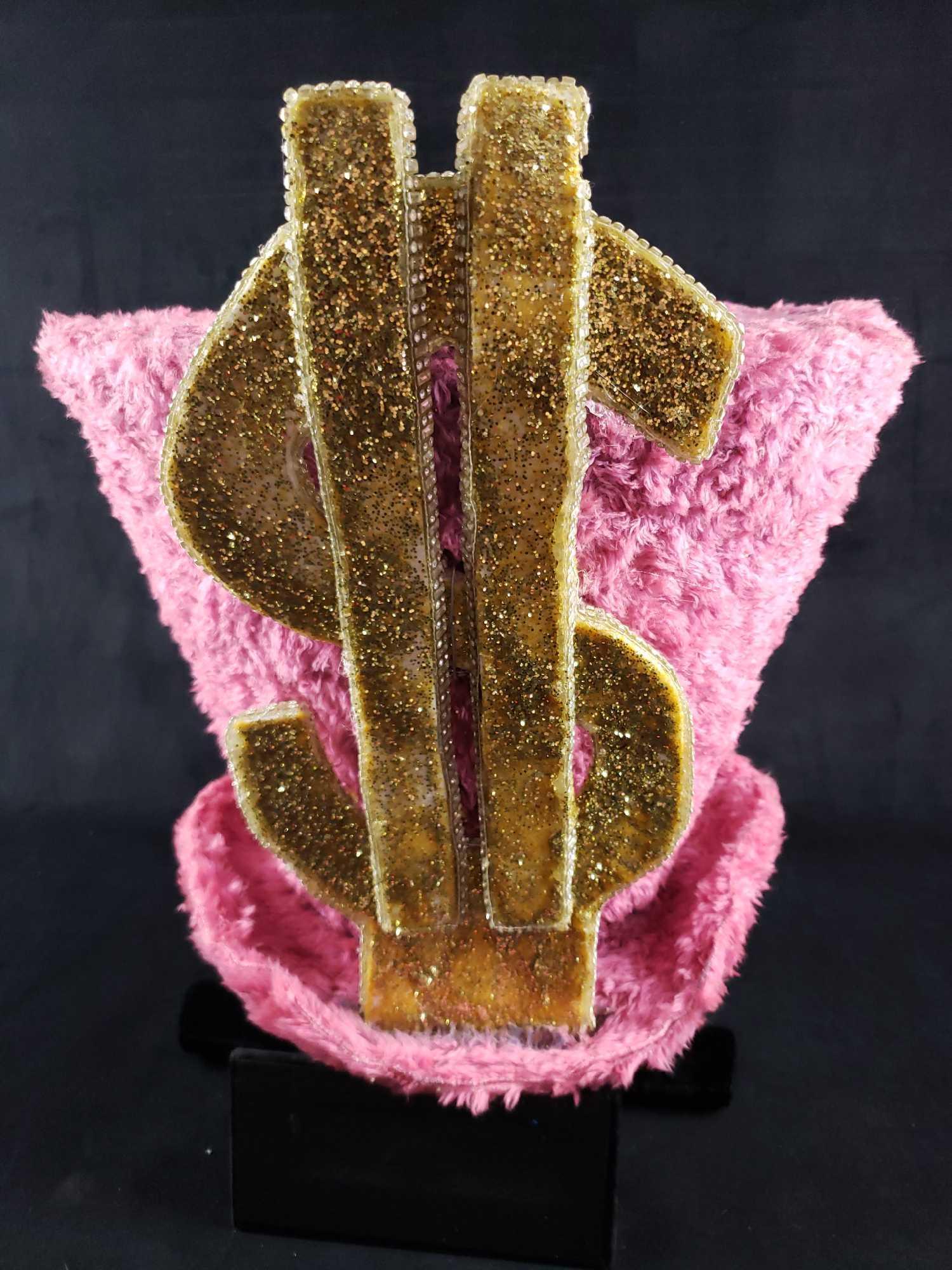 Pink Dollar Sign Local Theater Large Top Hat: Pink Dollar Sign Local Theater Large Top Hat. This large top hat prop is in fair used condition. The hat has signs of damage around the edges, and the material is quite dirty (see images). The top hat