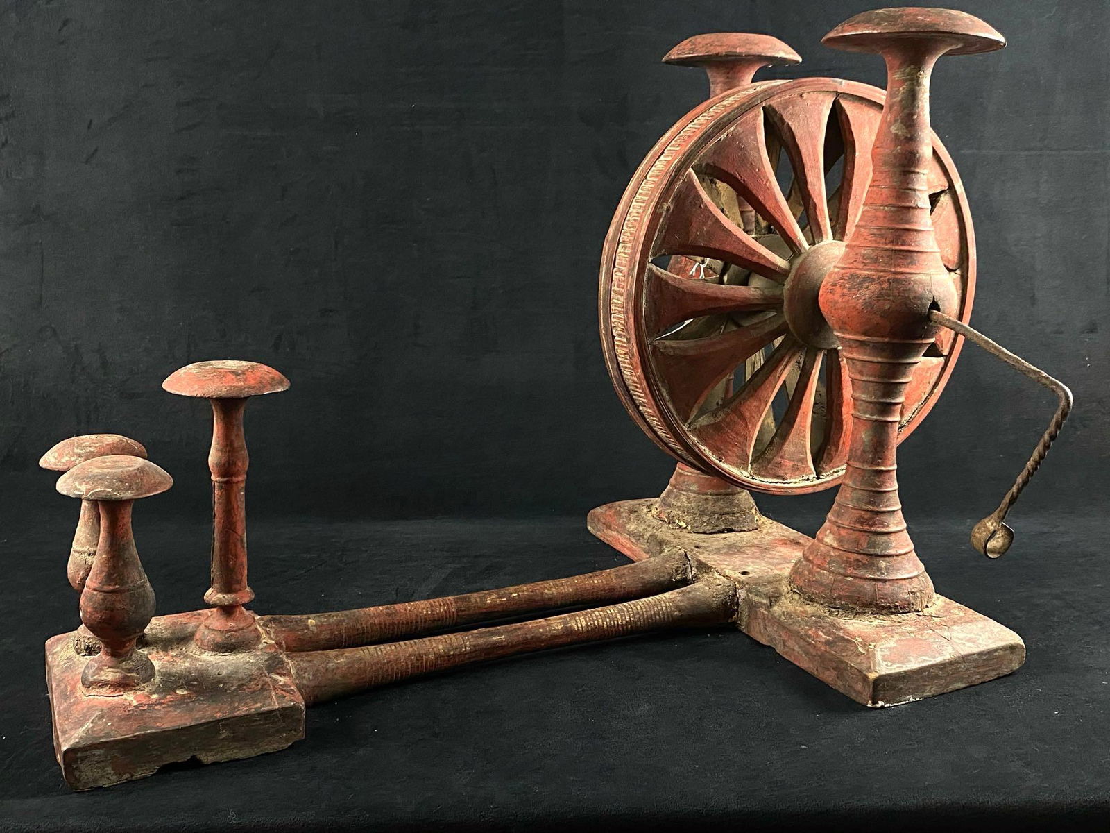 Antique Indian Spinning Wheel Charkha (S4): Approximately 90 years old hand-carved beauty. This beauty is in good condition for its age joints are a bit loose as can be expected . Would be great for a restoration job ,but looks great just how i