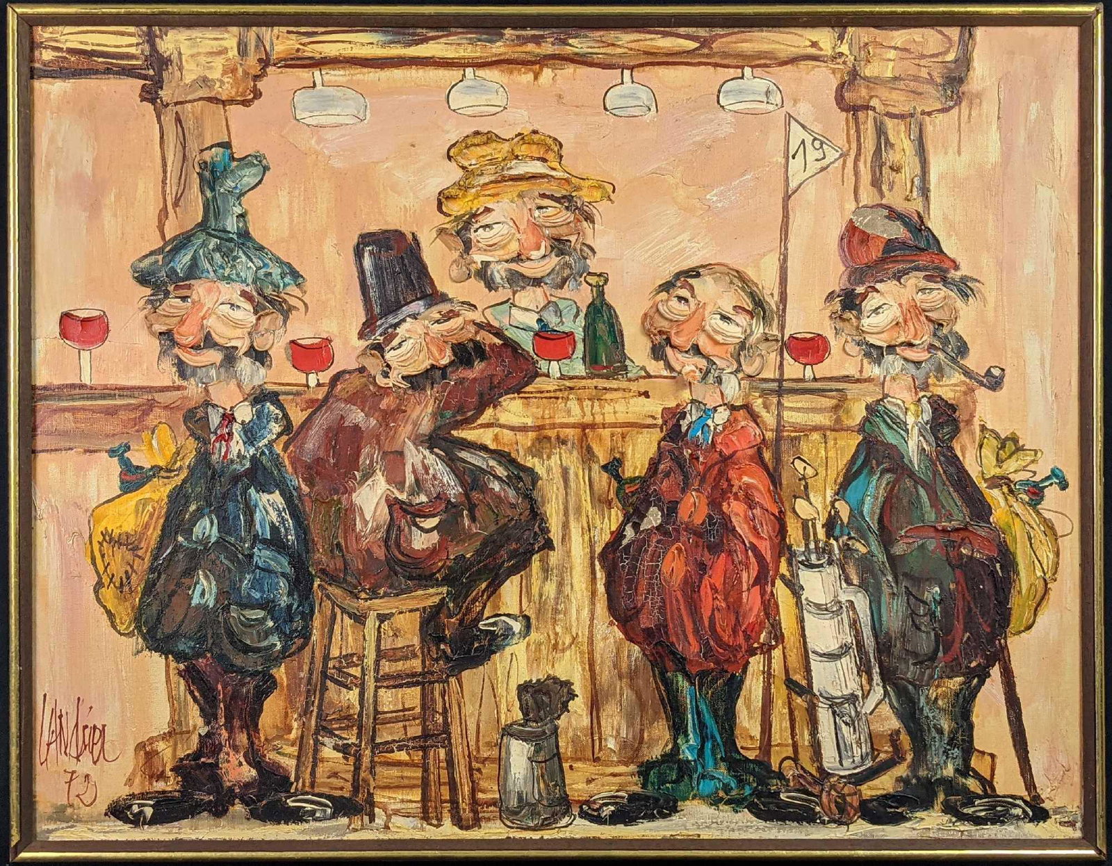 Original Plaster On Canvas Bar Fly Hobo Clown Golfers: Vintage Original Plaster On Canvas Of A Group Of Bar Fly Hobo Clown Golfers. Is signed by the artist on the bottom left. Is approx 33" x 1 1/2" x 26" and is in a good, vintage condition with wear/smal