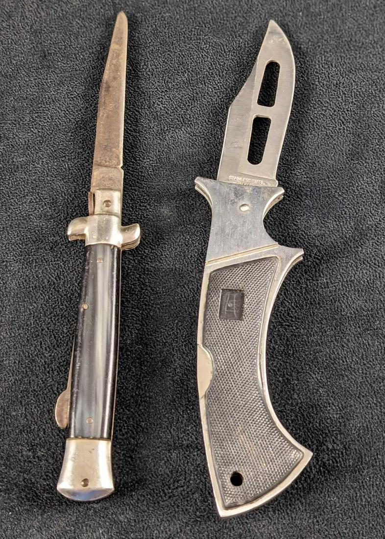 Two Vintage Fold In Pocket Knives: This lot includes: (1) Stainless Steel Fold In Pocket Knife By "Fury". Made in Japan. Is approx 8 1/2" when out, and is approx 5" when folded in.Knife is in a good, used condition with some wear. (1)
