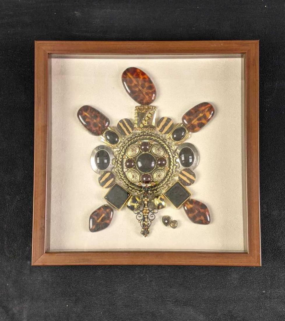 Art Piece Mixed Media Abstract Turtle: Art Piece Mixed Media Abstract Turtle This collage of items creates a turtle shape out of fancy buttons and beads placed on a white background. There is no known damage. 11x11