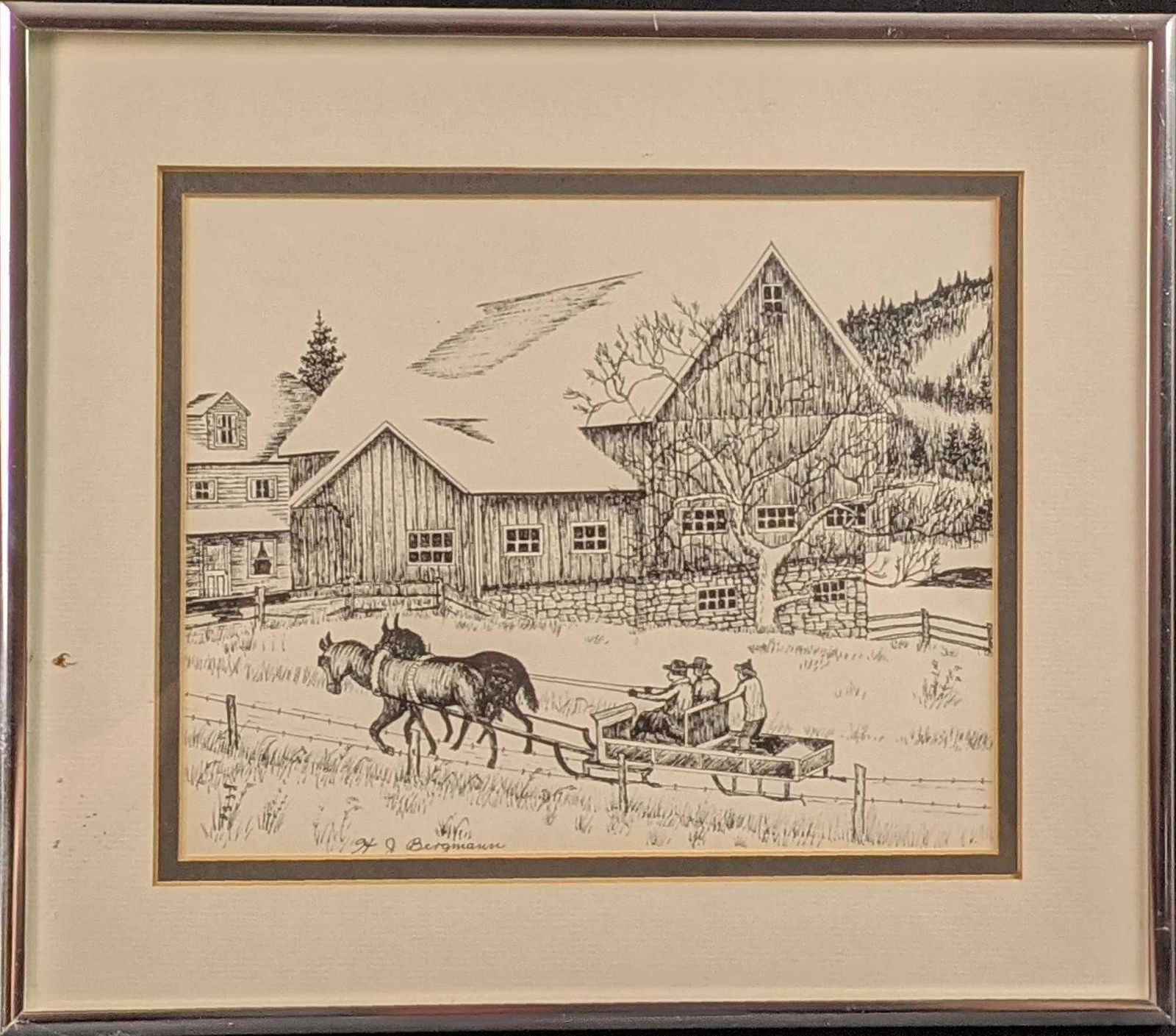 H J Bergman Framed Block Print Horse Sleigh X9 (1 of 7)