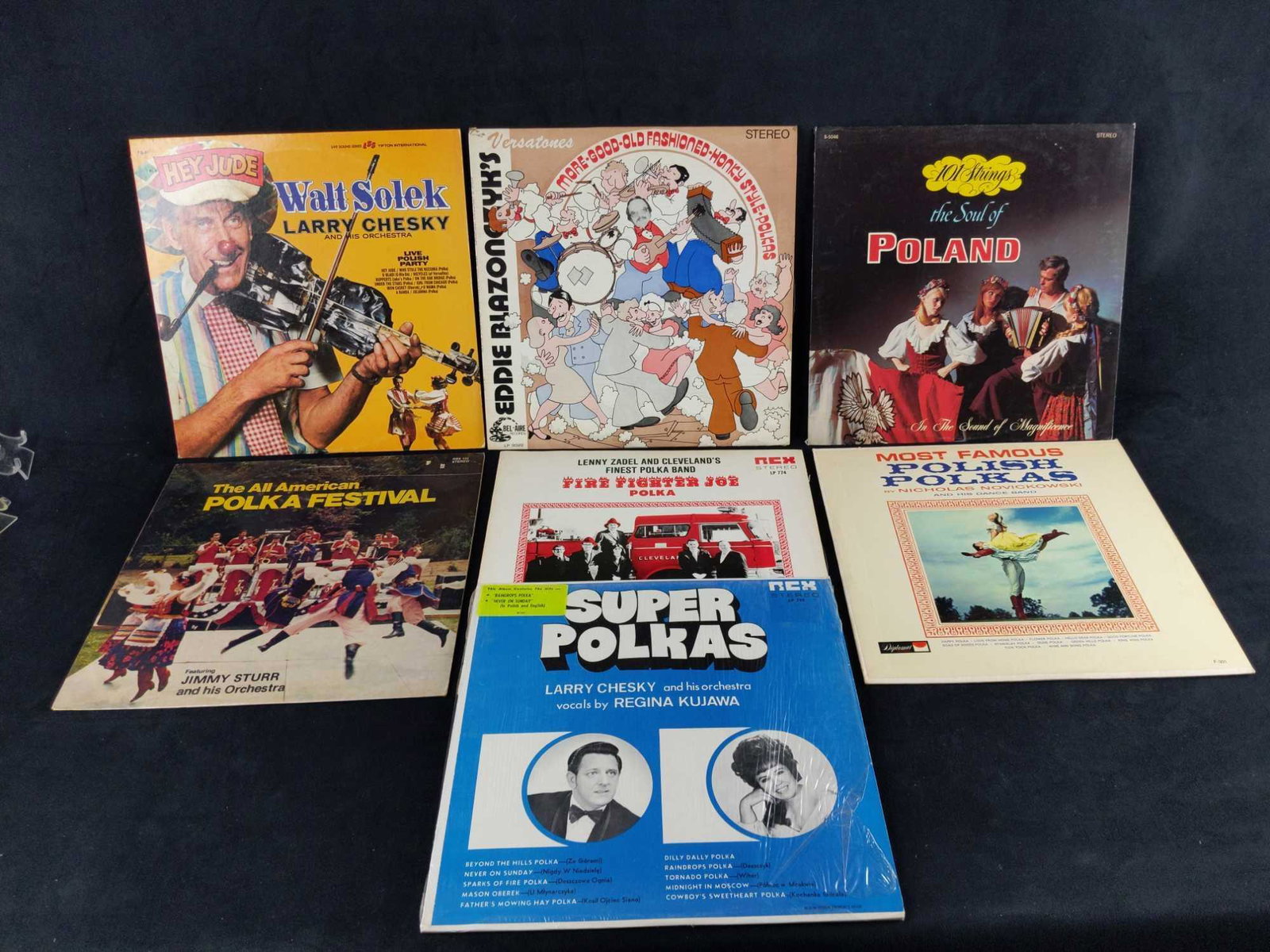 Seven Vintage Polka Vinyl Records Walt Solek: Looking to set up a old fashioned polka-party? How about adding these vintage LPs to your collection! This lot includes: (1) Larry Chesky And His Orchestra: Walt Solek Live Polish Party. By Ambassador