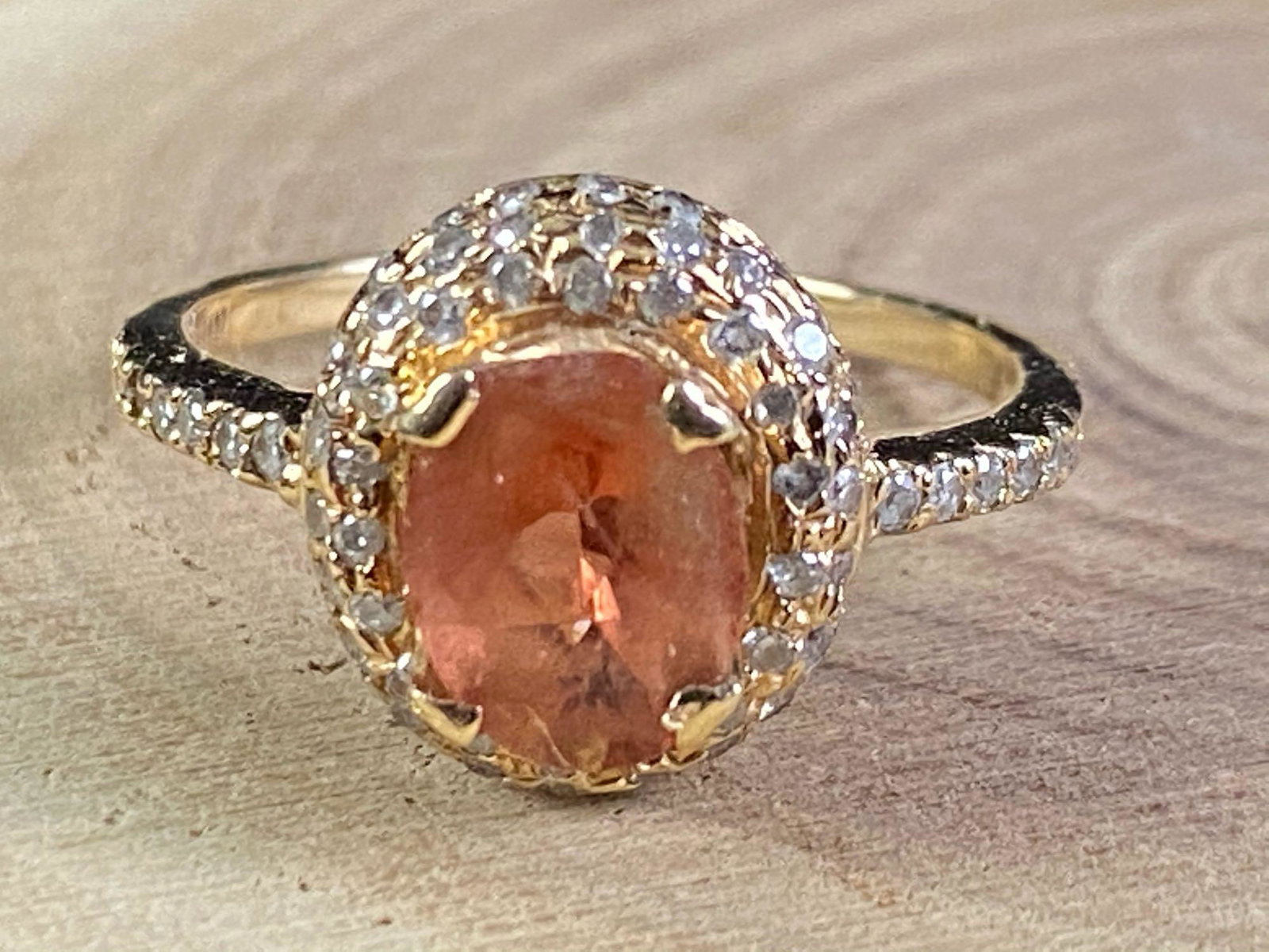 14K Gold Peach Sapphire Diamond Halo Solitaire (1 of 7)