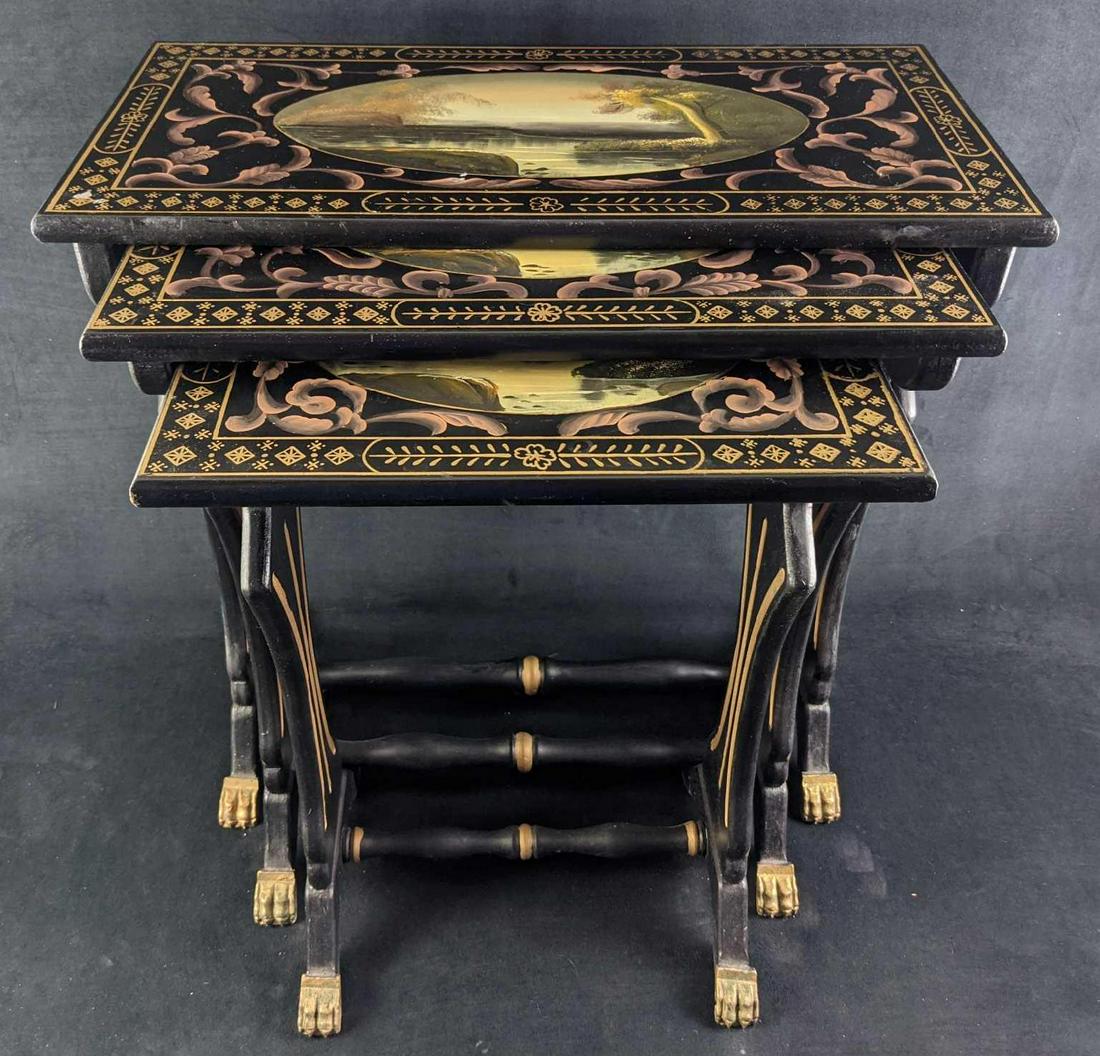 Three Vintage Hand Painted TV Tray Tables: Three Vintage Hand Painted TV Tray Tables. Each is a different size and they call can be slid into each other for easy storage. Each table has a lovely hand-painted scene of a pond and trees, along wi