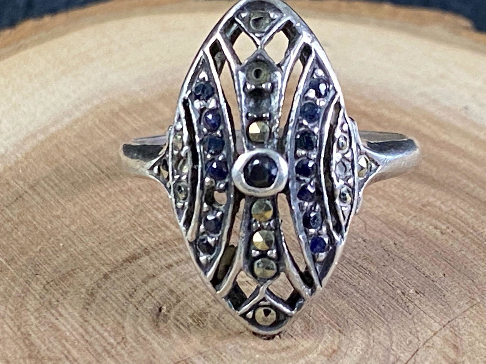 Antique Sterling Silver Marcasite & Sapphire Ring: This fine piece has been researched and tested prior to listing.Please view all our pictures prior to bidding they are part of our description. Details: Metal - Sterling Color - Silver Maker - Unknown