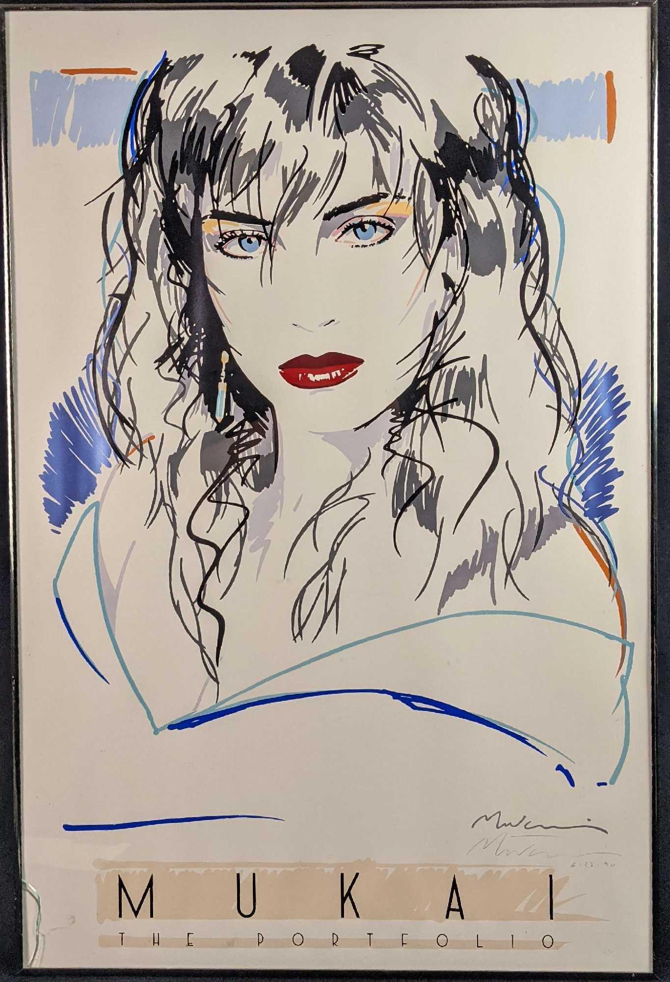 Dennis Mukai â€œBlue Eyesâ€ Caren Peterson Poster: 1990 Dennis Mukai â€œBlue Eyes” Caren Peterson The Portfolio Poster. Limited Edition and comes with a COA. Framed poster is approx 24" x 1" x 36". The frame has some wear, the glass is crack
