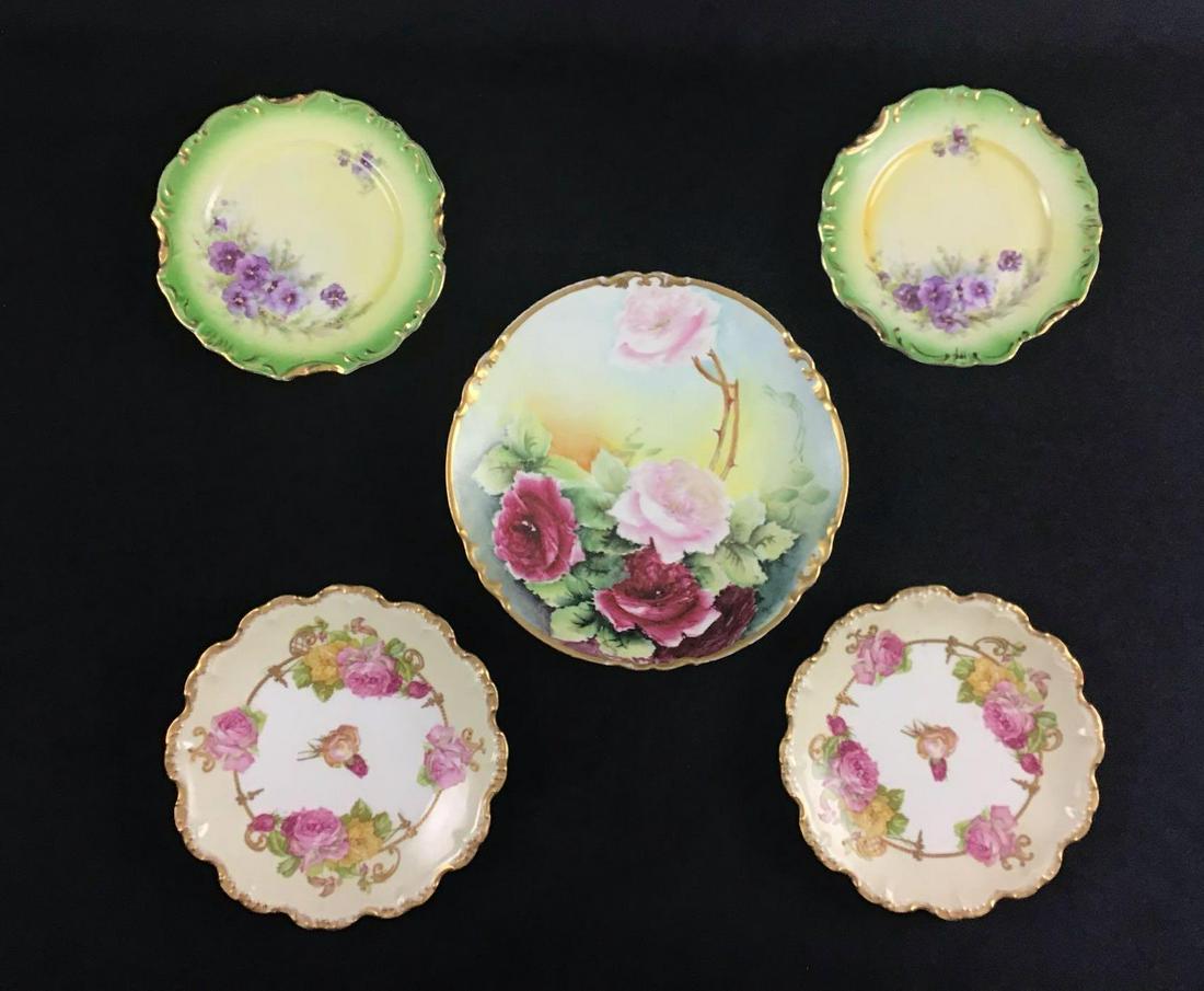 Lot of 5 Vintage France Plates: This lot consists of the following; (1) Large dining plate by A K France. It has a metallic gold colored rim and beautifully painted flowers. It is signed Boden on a leaf. It has some known ware as se