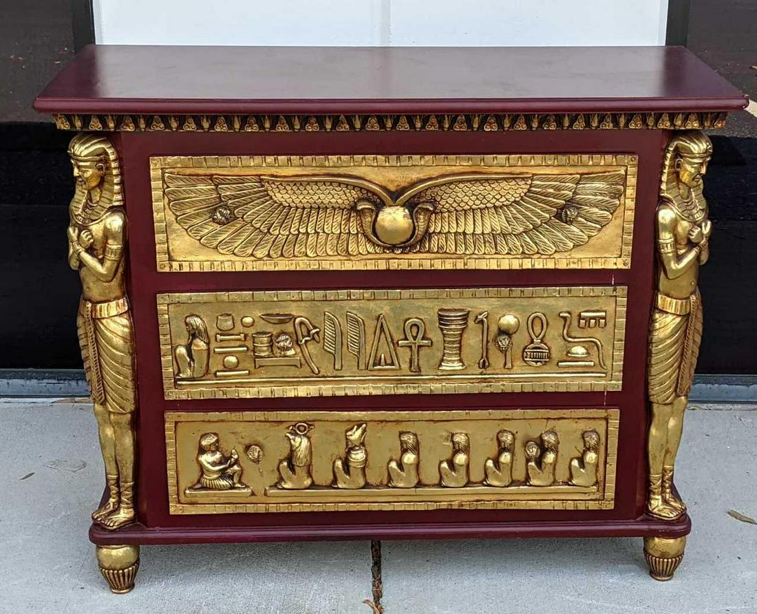 Wooden Three Drawer Egyptian Themed Dresser (1 of 10)