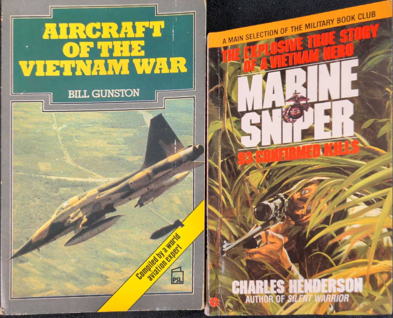 Aircraft Of The Vietnam War And Marine Sniper: This lot includes: (1) Aircraft Of The Vietnam War By Bill Gunston. Was published by Patrick Stephens Limited (UK) in 1987. The book is approx 5" x 1/2" x 8" and is in a good, vintage condition with s