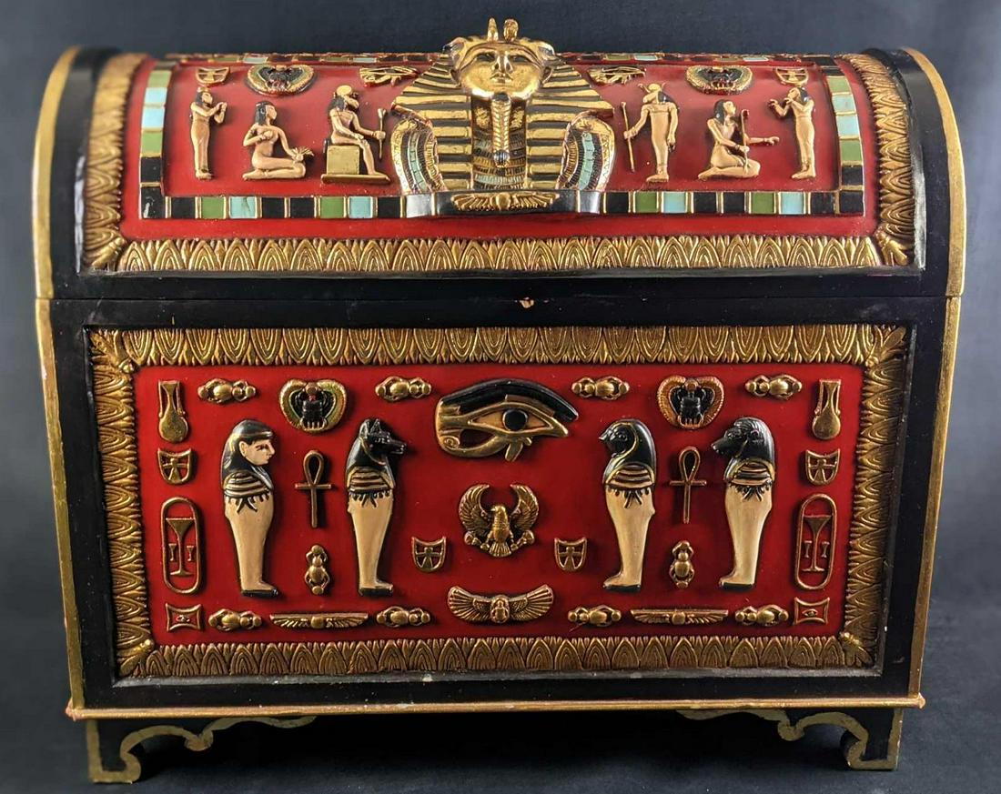 Detailed Textured Egyptian Pharaoh Chest: Egyptian chest with beautiful decorations and a red background. Egyptian chest is ideal for themed interiors and as accent decor to hold your precious artifacts. This amazing piece of furniture is a p