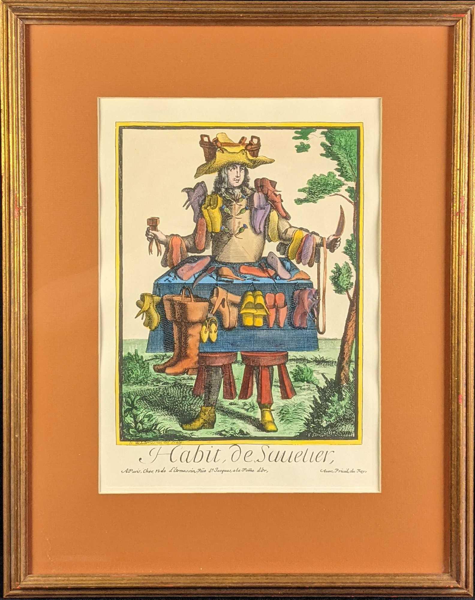 Framed Vintage Colored Shoe Maker Etching After Nicolas (1 of 7)