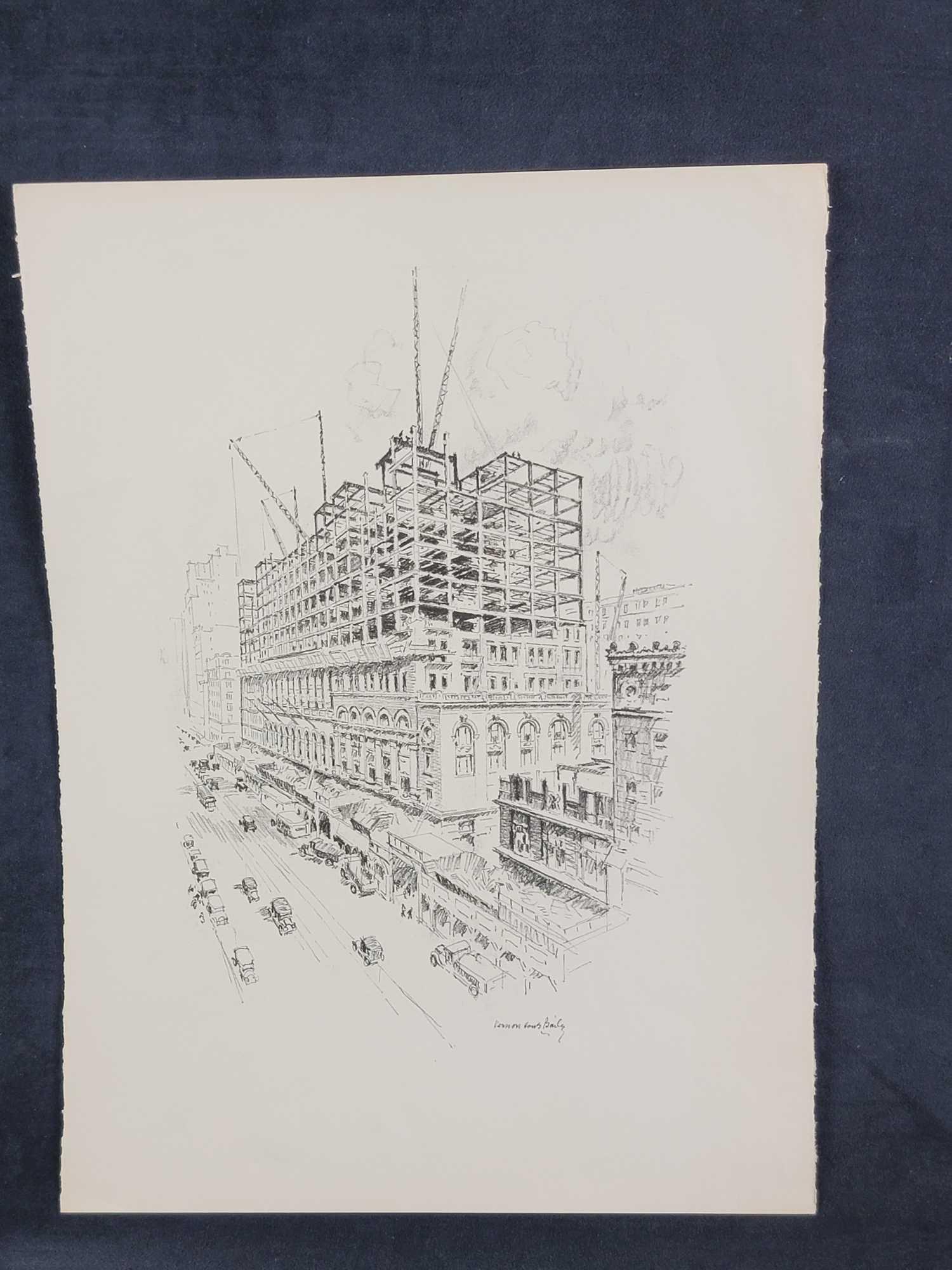 Vernon Howe Bailey City Life Print: Pencil sketch of city by Vernon Howe Bailey. Estate signature on the lower right hand corner. There is some foxing on the print. In good vintage condition. Approx. measures 12 1/2" x 17" Bailey's spec