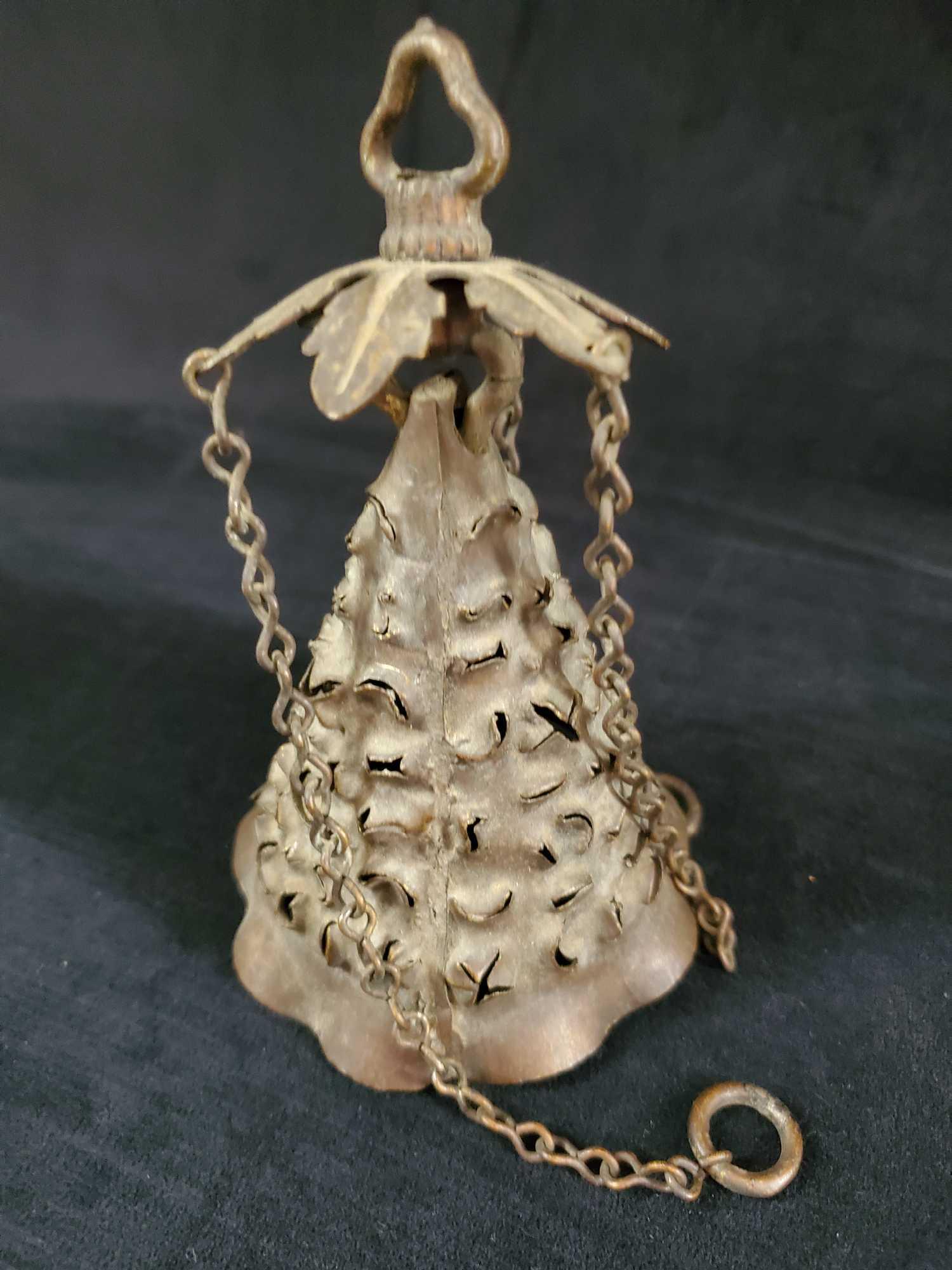 Vintage Hanging Brass Candle Topper Cone: This is an hanging brass cone dotted on the sides with hearts and moons. Appears to be a covering which candles could be placed under. Come is approx 4" x 4" x 5". With chains is approx 13" long. Is i