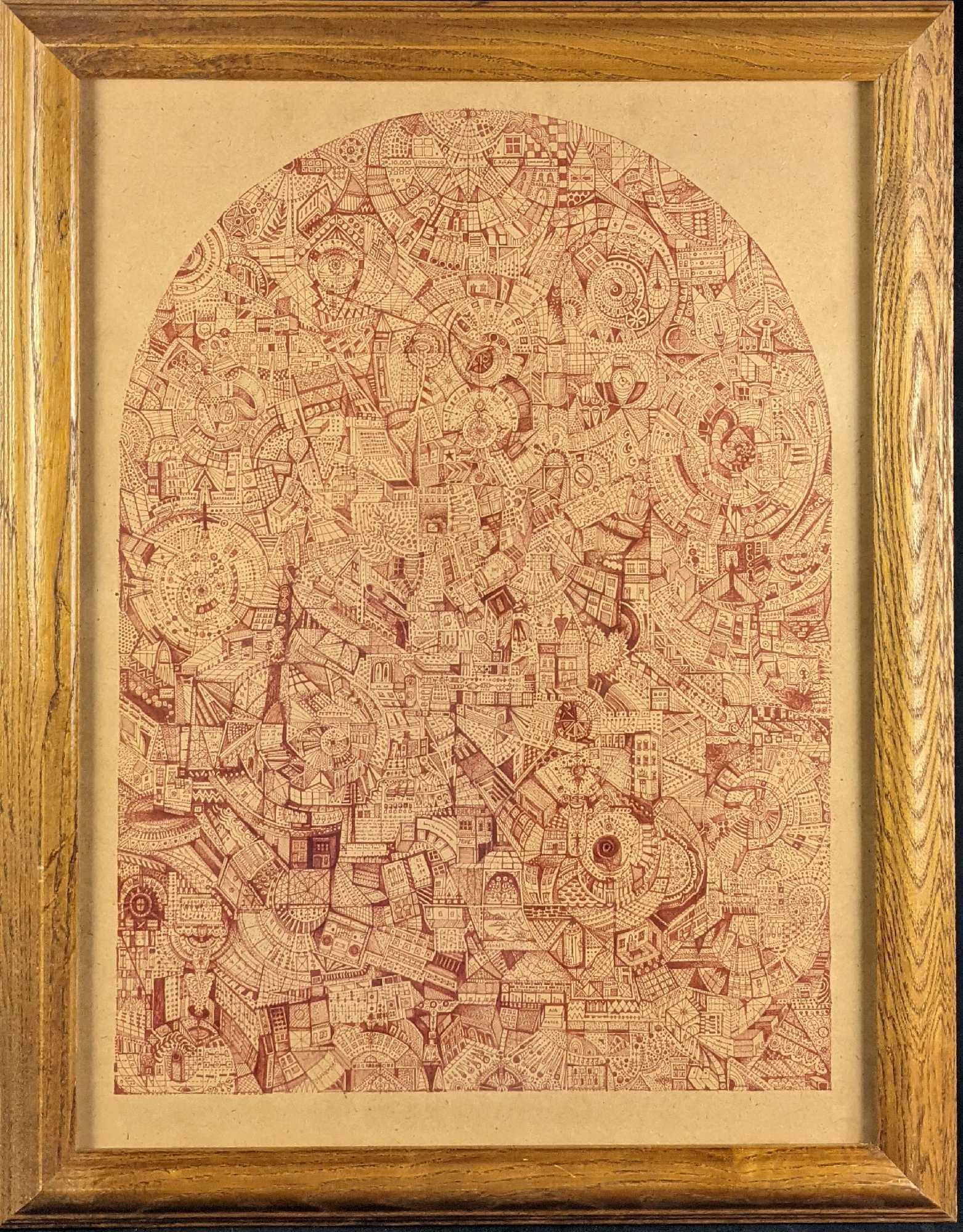 Original Framed Red Ink On Paper Map: This is a framed pen sketch of what appears to be a city map. There is a ton of little details on this sketch. There appears to be no artist signature on the piece. It's either not on it, or is hidden