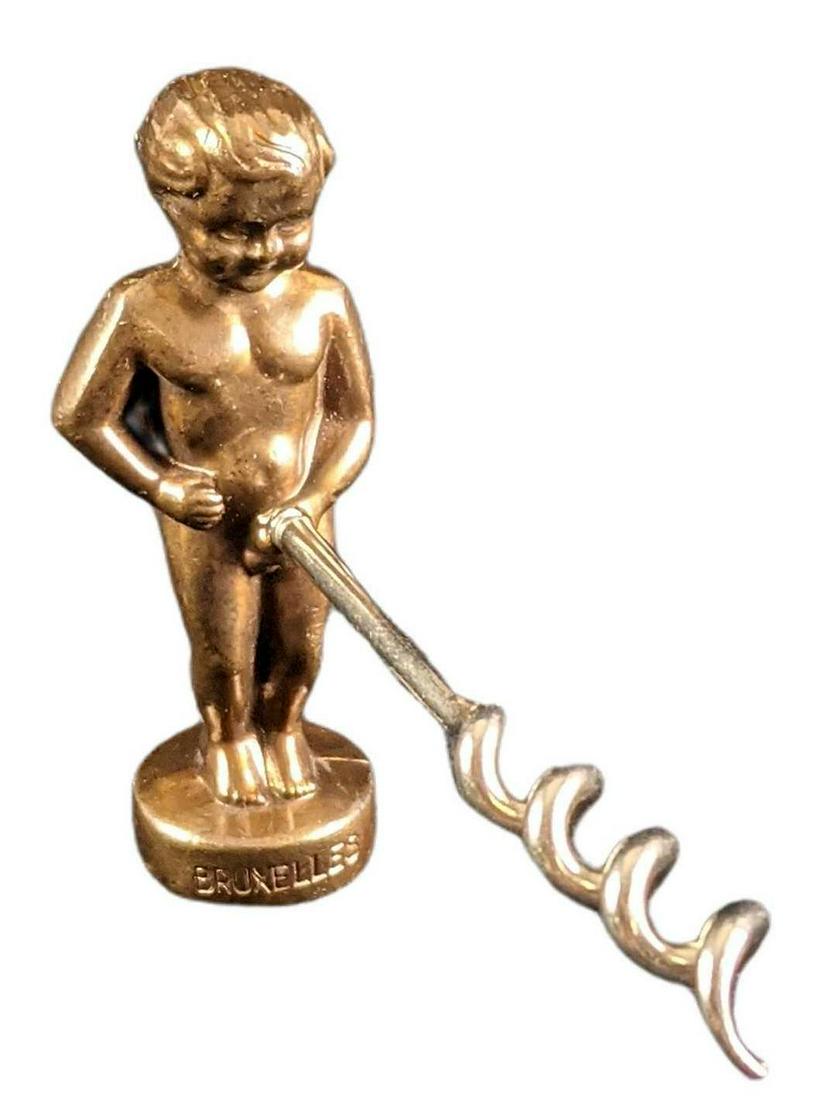 Vintage Pewter Brussels Souvenir Peeing Boy Corkscrew: Vintage Pewter Brussels Souvenir Peeing Boy Corkscrew. Based off the "Manneken Pis", which is a bronze fountain sculpture located in Brussels (Belgium). The corkscrew is approx 3 1/2" x 1" x 3" and we