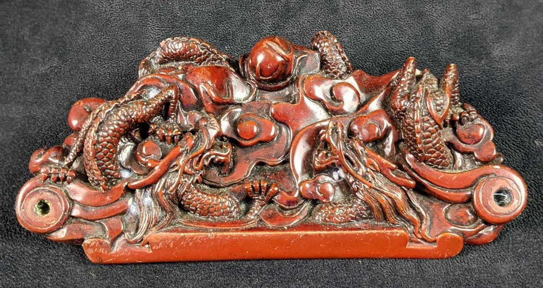 Shoushan Chinese Hand Carved Red Stone Dragons Pen: Shoushan Chinese Hand Carved Red Stone Dragons Pen Holder. It is called red stone because the resin is mixed with Chinese earth material. Is approx 8" x 4" x 3" and is in a good, vintage condition wit