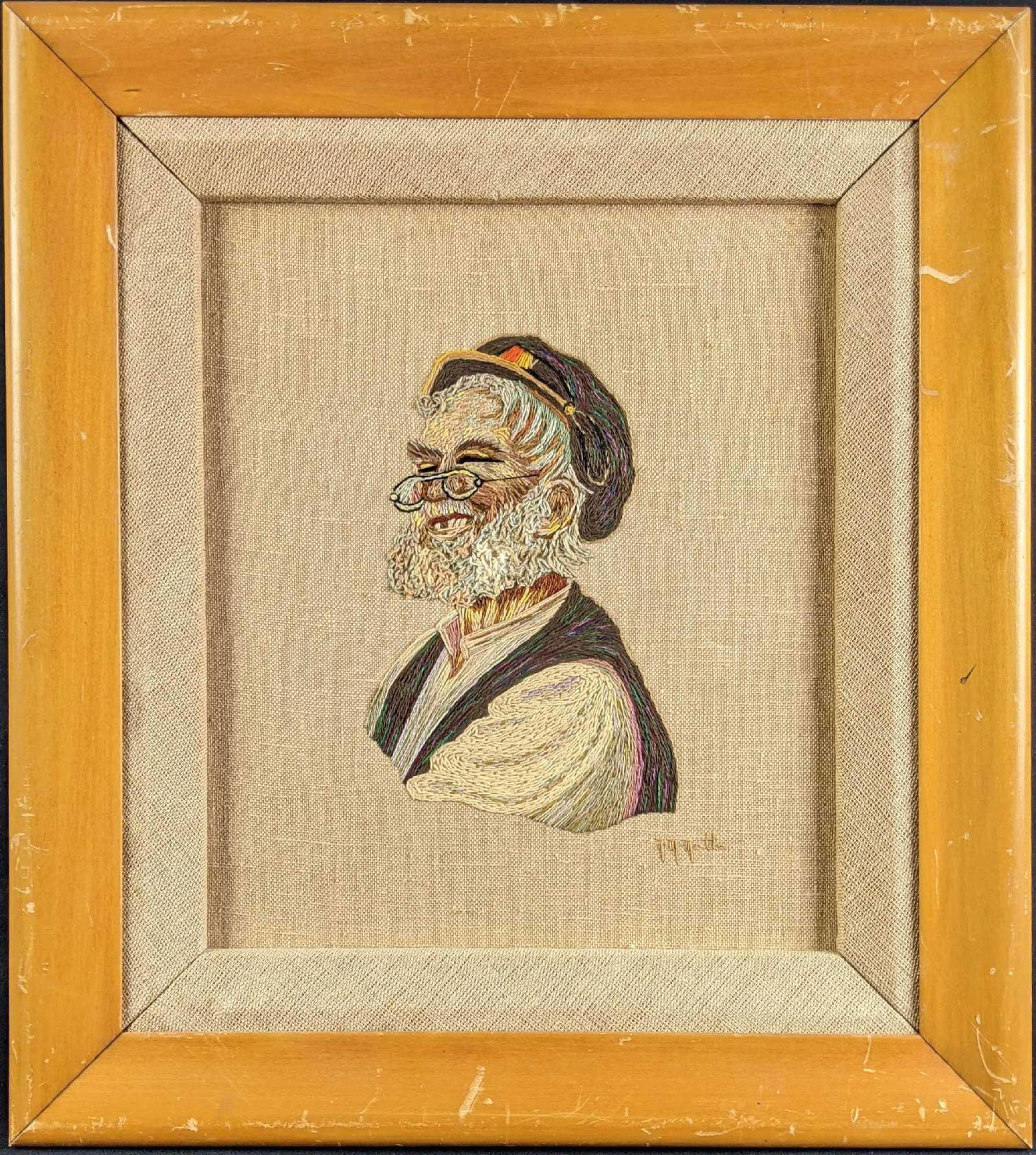 Anne M. Matte Folk Art Needle Painting French Art: Anne M. Matte Folk Art Needle Painting French Art This is a beautiful needle painting done by Anne-Marie Matte. This work is in good condition, the frame has scratches on it. 19.5in x 17.2in Weight: 2