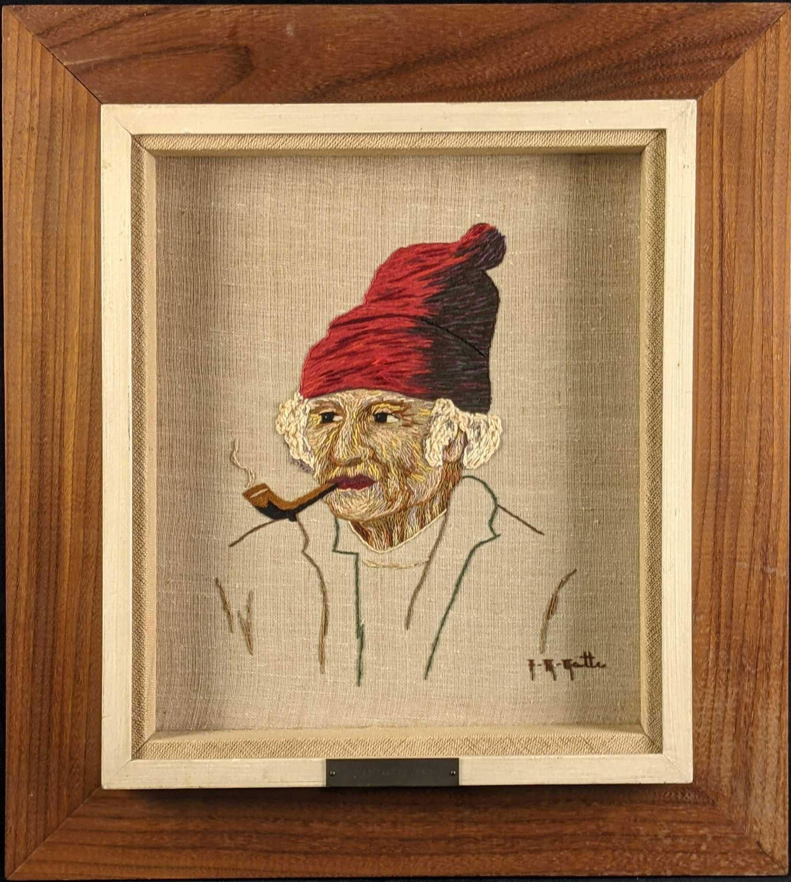 Anne M. Matte Folk Art Needle Painting Lady: Anne M. Matte Folk Art Needle Painting Lady This is a beautiful needle painting done by Anne-Marie Matte. This work is in good condition there are some losses threads. This needle painting has a good