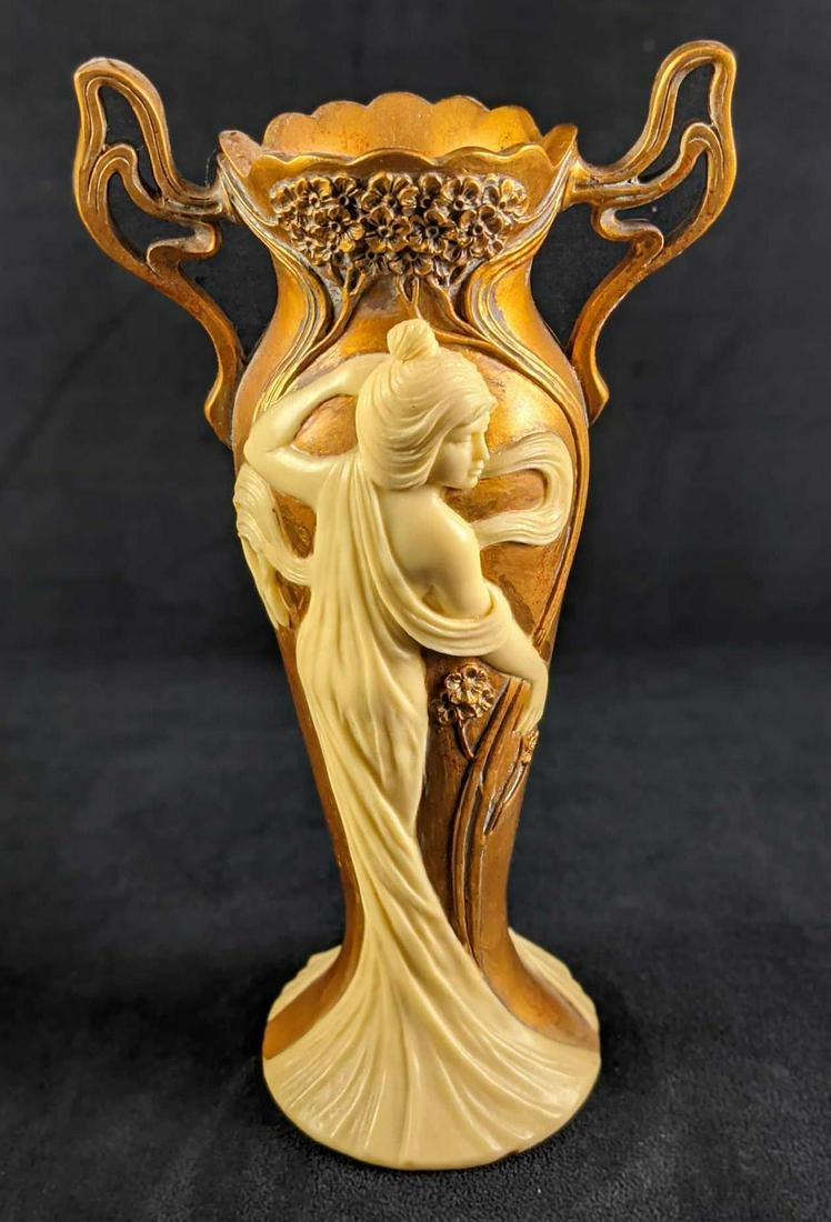 Design Toscano Ivory & Gold Art Nouveau Vase: Hand-cast using real crushed stone bonded with high-quality designer resin. Finished in faux ivory and gold leaf to highlight detail from the fabric folds to the flower petals. Is approx 6" x 4" x 11"