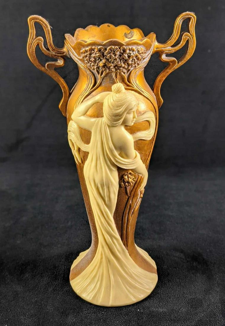Design Toscano Ivory & Gold Art Nouveau Vase: Hand-cast using real crushed stone bonded with high-quality designer resin. Finished in faux ivory and gold leaf to highlight detail from the fabric folds to the flower petals. Is approx 6" x 4" x 11"
