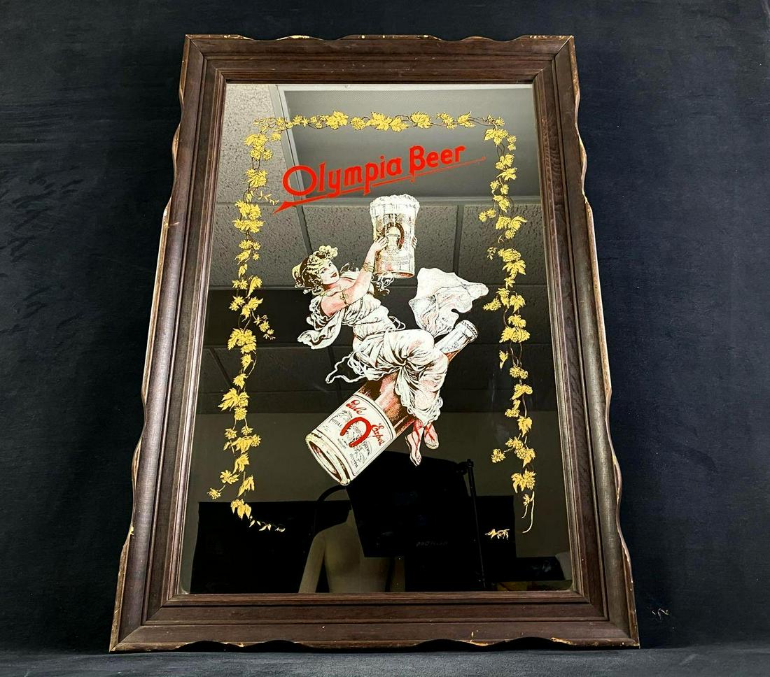 Vintage Olympia Beer Glass Wood Frame Bar Sign / Man (1 of 6)