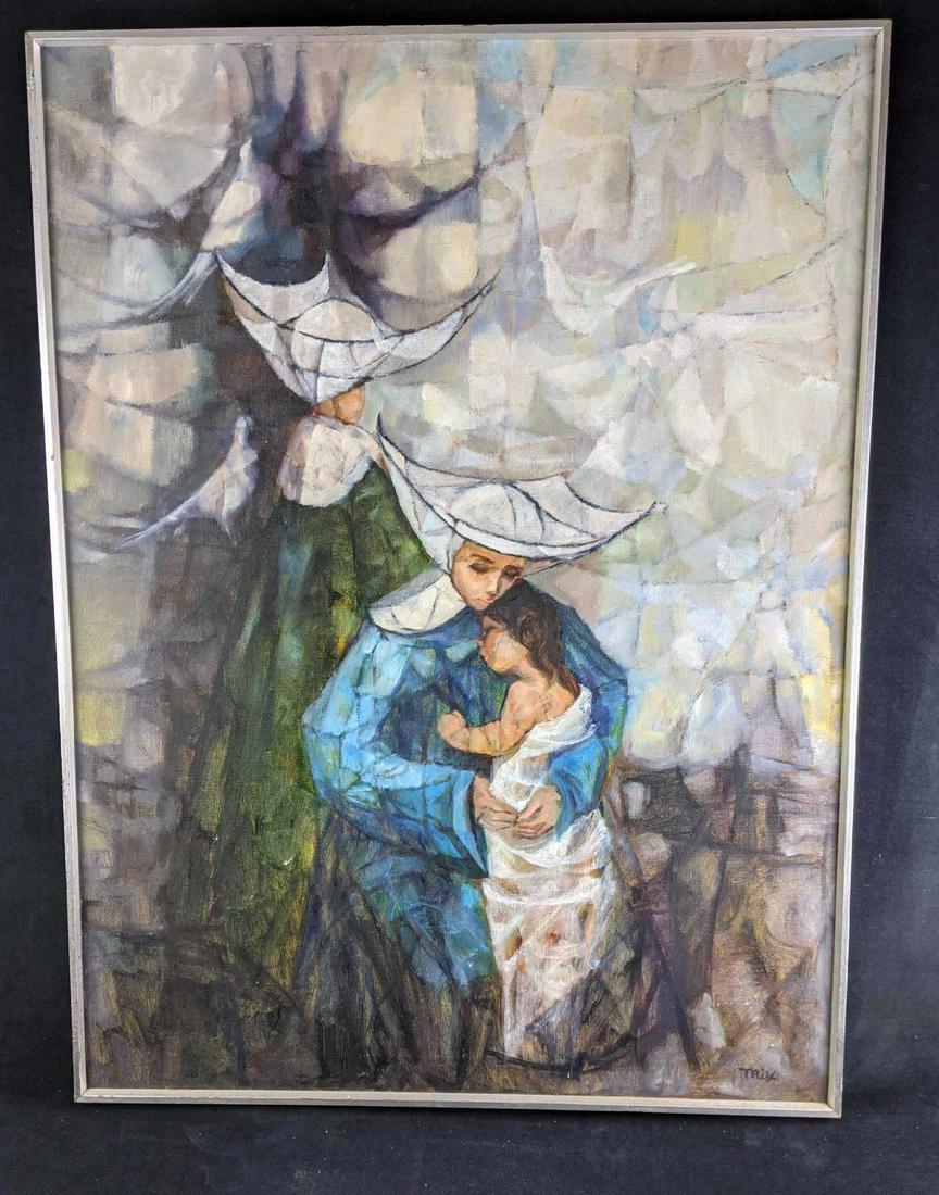 Oil Painting by Artist Known as Mix "The Foundling": Oil on Canvas 30x40 This painting is signed by an artist known as Mix. It features two nuns where one taking care of an orphan baby. It was bought in Chicago during the 1970s-80s. Give this beautiful 