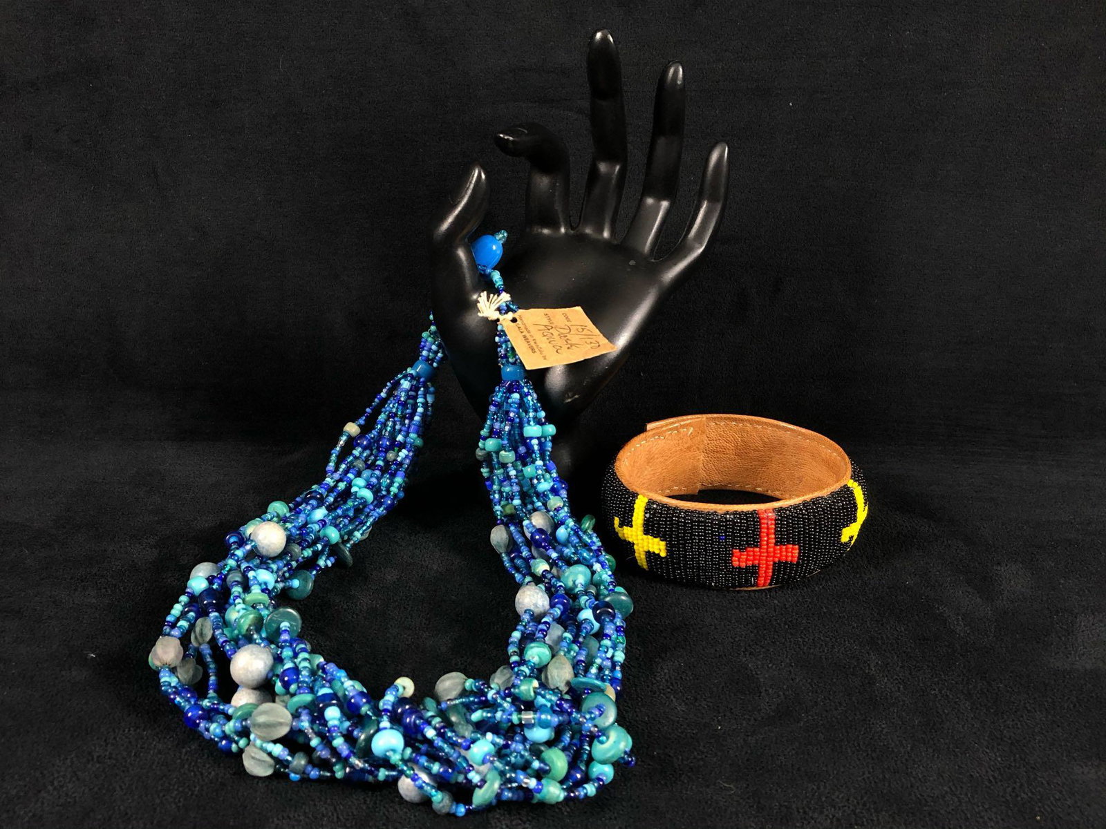 Vintage 15/130 Handmade KwaZulu Tribe By Weavers Dark: Vintage 15/130 Handmade KwaZulu Tribe By Weavers Dark Aqua Glass Bead Necklace & Bracelet. These hand made pieces are in great condition. Please view all our pictures they are part of our description.