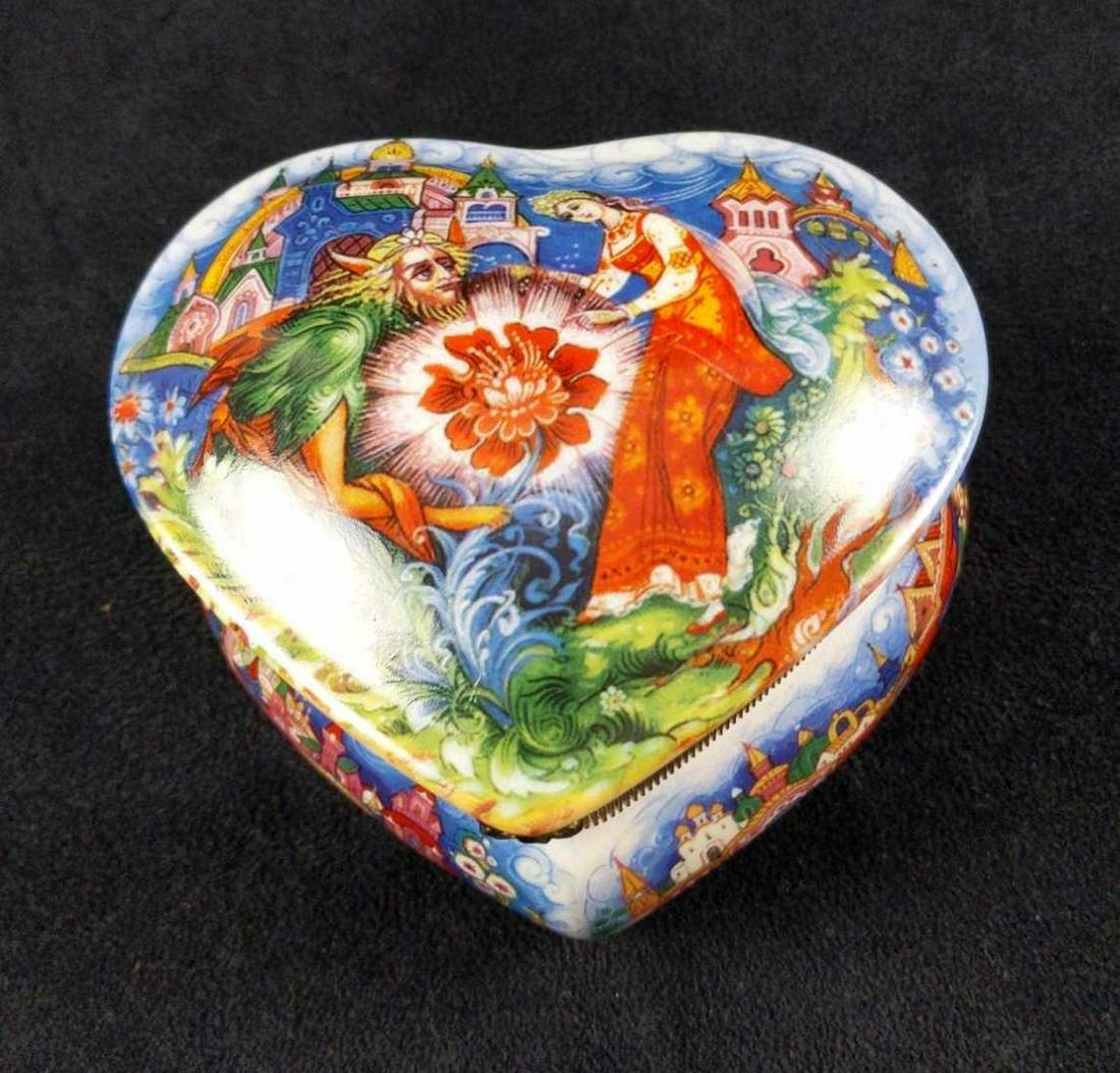 Lucy Maxym Beauty And The Beast Trinket Box: Porcelain trinket box with art based on the Russian myth and variation of the Beauty And The Beast" tale called the "Scarlet Flower". The heart-shaped box is numbered on the bottom (#1002) along with 