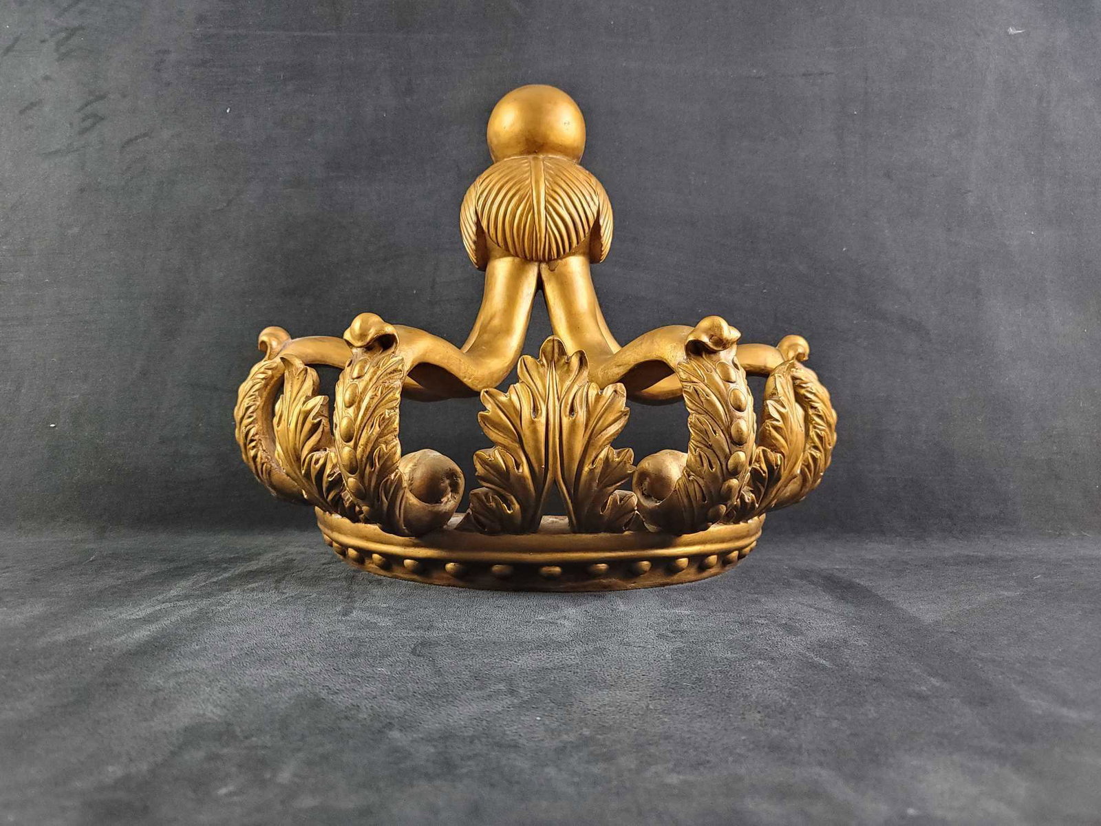 Large Gold Resin Crown Wall Mount: Resin crown wall mount is gold colored. It has an unknown sticker on the back and stamped "Chrisdon" on the back. There are three mounting points. In used condition, review photos. Approx. measures 19