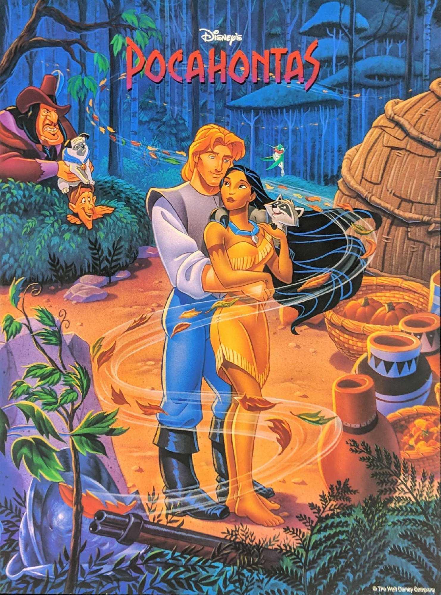 Disney 1995 Disneys Pocahontas Poster: Pocahontas and John Smith are surrounded by some of the characters from Disney's hit animated movie, Pocahontas. Poster is approx 18" x 24". Poster is in good condition with some light creases due to