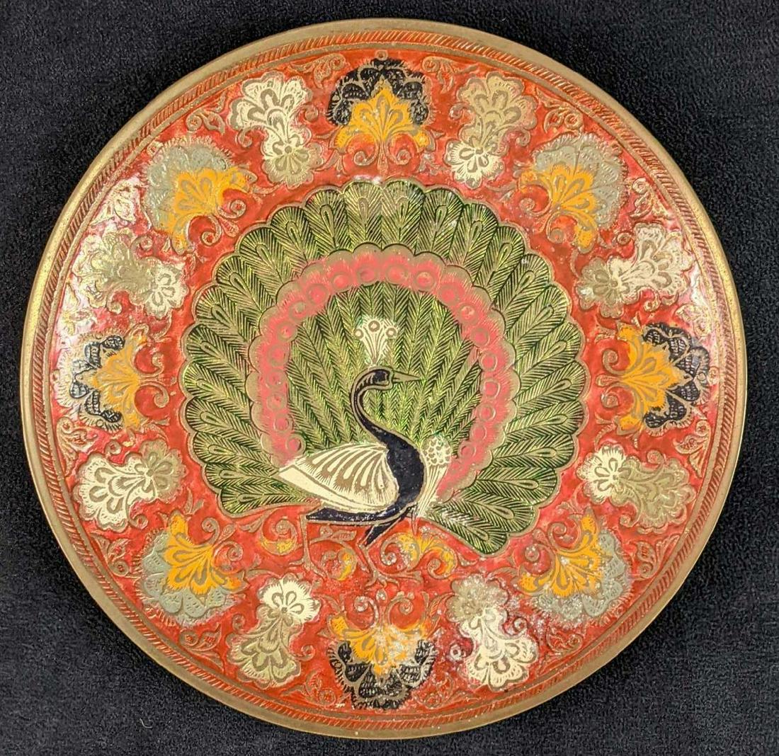 Vintage Brass Etched Enamel Peacock Hanging Plate (1 of 5)