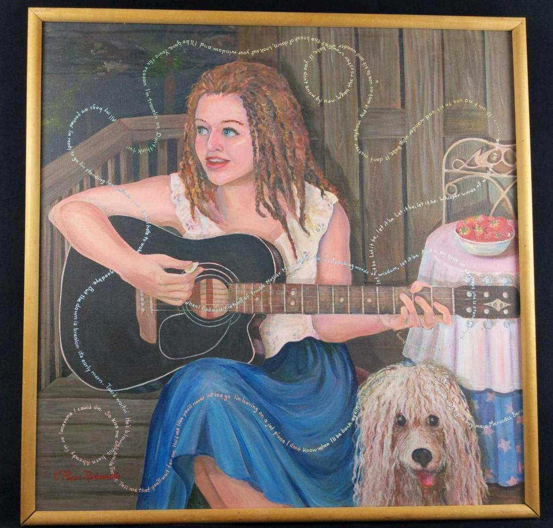 Catherine Pastis Radwanski Acrylic Original Painting: Catherine Pastis Radwanski's original on acrylic, "Strawberry Jam". Painting shows a musician playing a guitar next to a bowl of Strawberries and a dog. Her lyrics are from the Beatles song, "Let It B