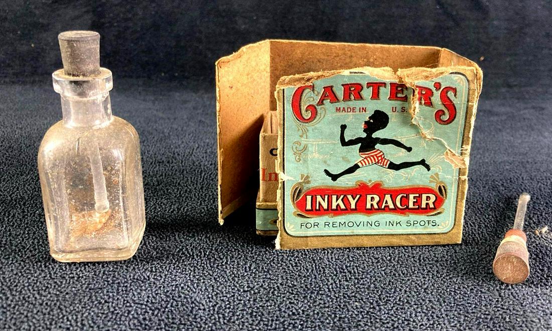 1920's Carter's Inky Racer Box with Bottle: This lot includes: (1) 1920's Carter's Inky Racer Box with Bottle Condition is used and see photographs for details. The box is damaged and detached on one side. The bottle was emptied at one point an