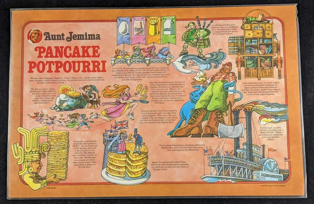 Vintage Aunt Jemima Pancake Potpourri Placemat: Vintage Aunt Jemima Pancake Potpourri Placemat From 1982. Was released by the Quaker Oats Company. Has an assortment of pancake trivia. Is approx 17" x 11 1/2" and weighs under one pound at 0.11lb. Th