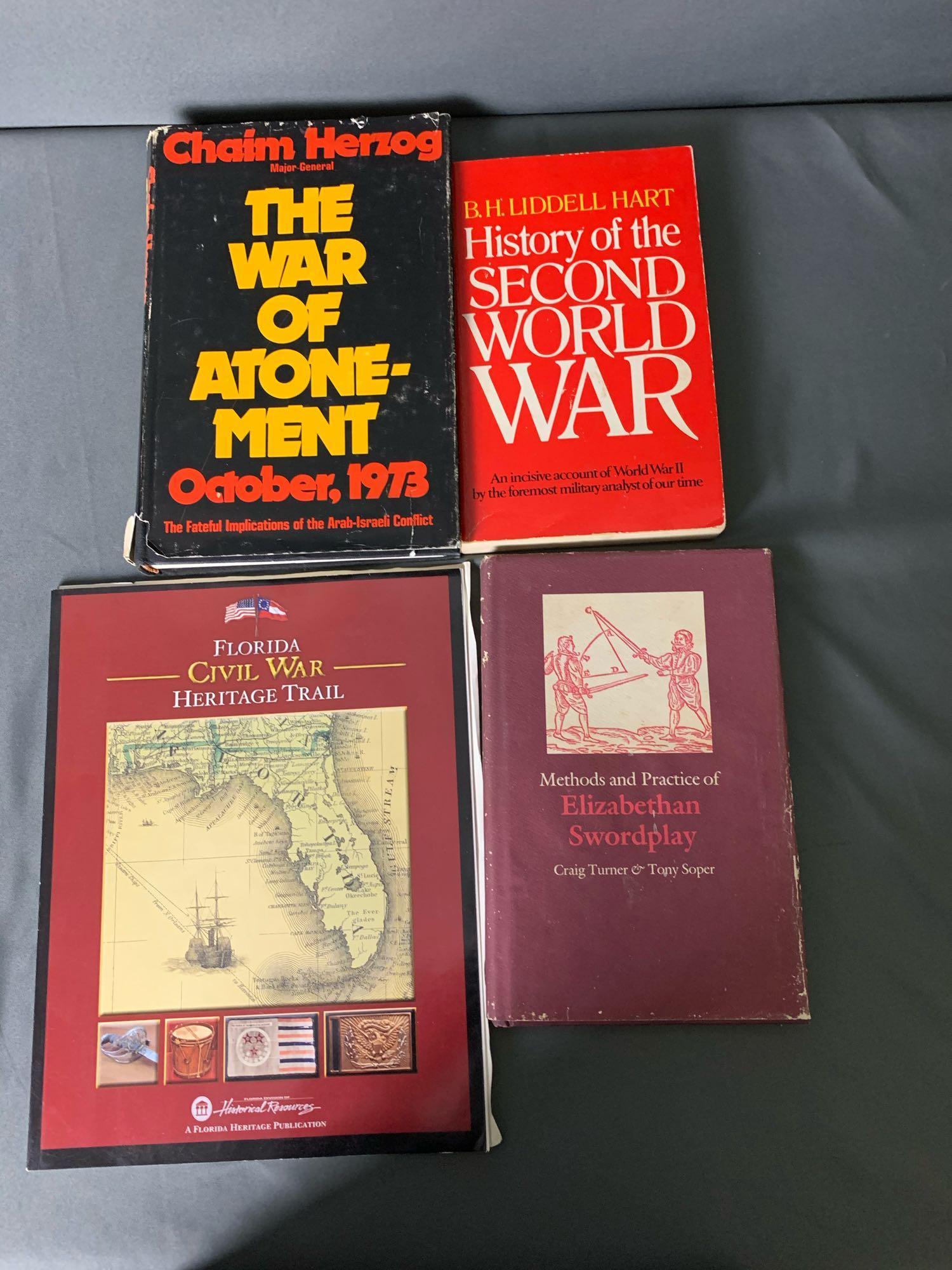 Lot 4 Books: WW 2, Elizabethan Swordplay, Florida Civil: Paperback History of the Second World War by B.H. Liddell Hart copyright 1972. Condition: Good. Measurements: 8.5" by 5.5" Hardcover Methods and Practice of Elizabethan Swordplay by Craig Turner and T